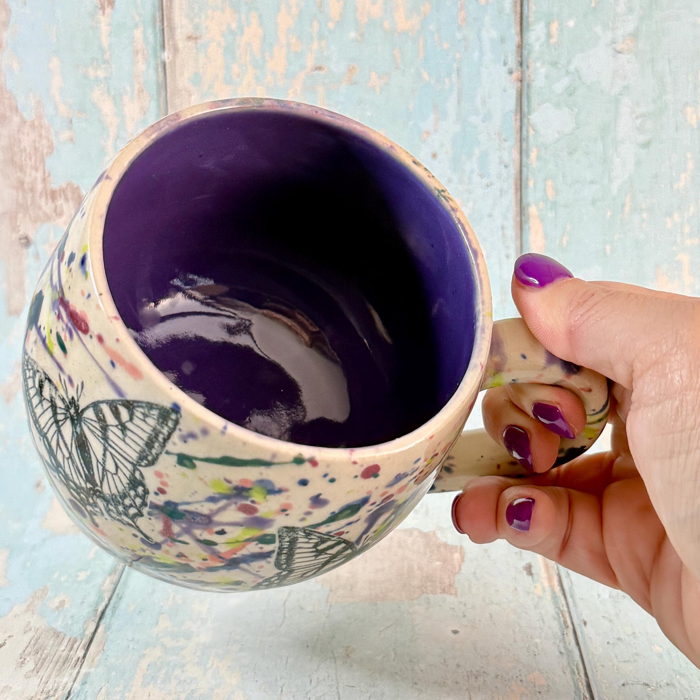 Dark Purple Handmade Butterfly Mug, Large Ceramic Cup