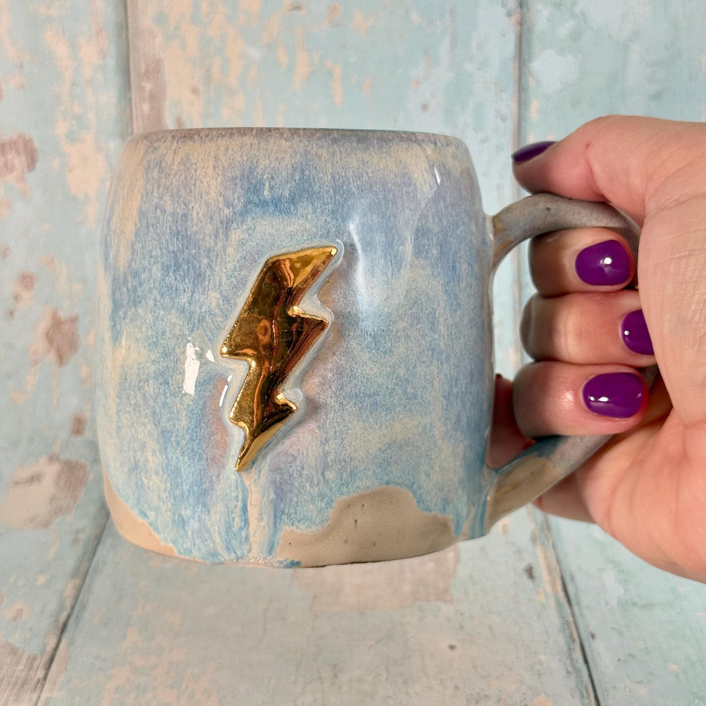 Blue and Gold Lightning Bolt Mug, Handmade Ceramic Cup