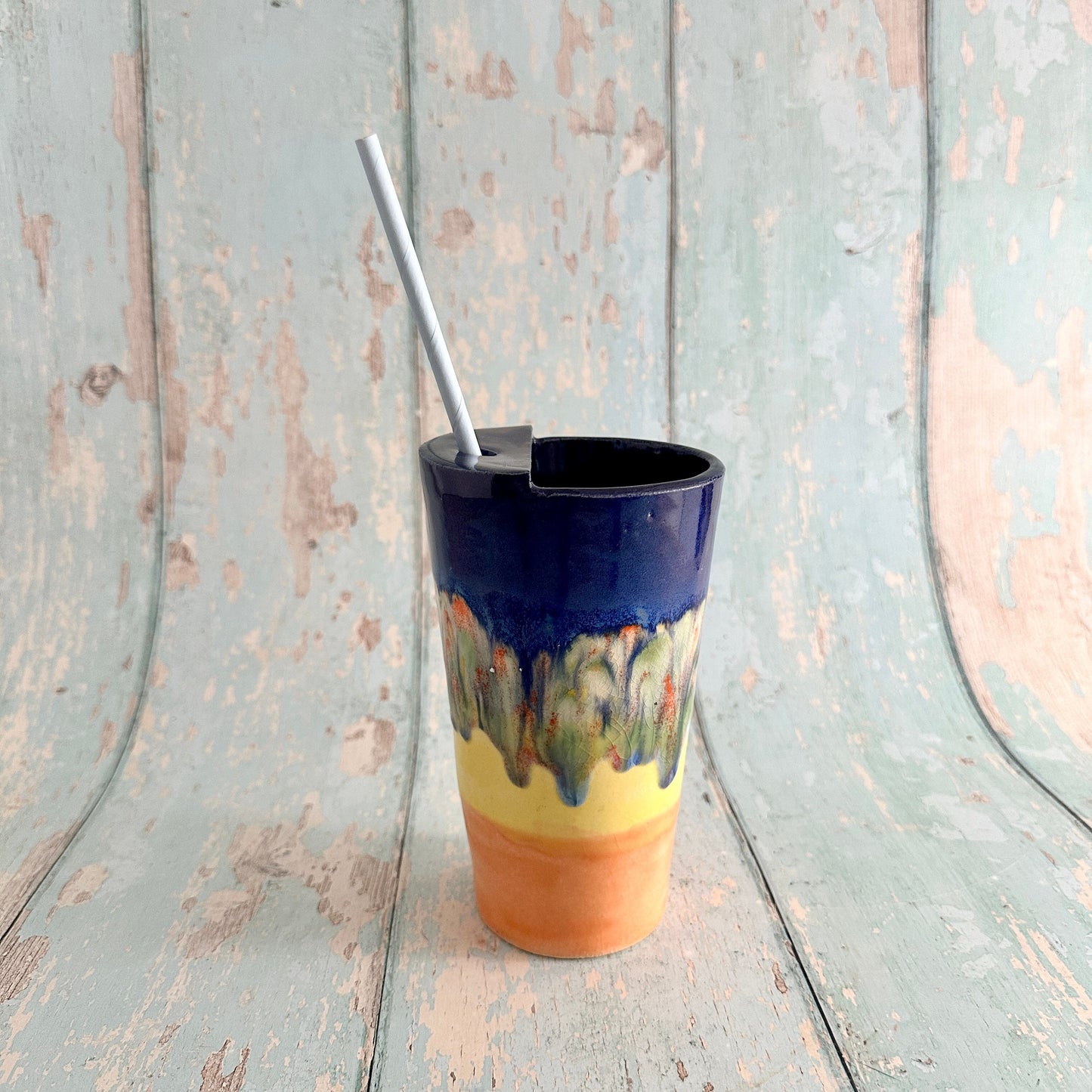 Blue, Yellow and Orange Straw-holder Tumbler, Large Ceramic Cup