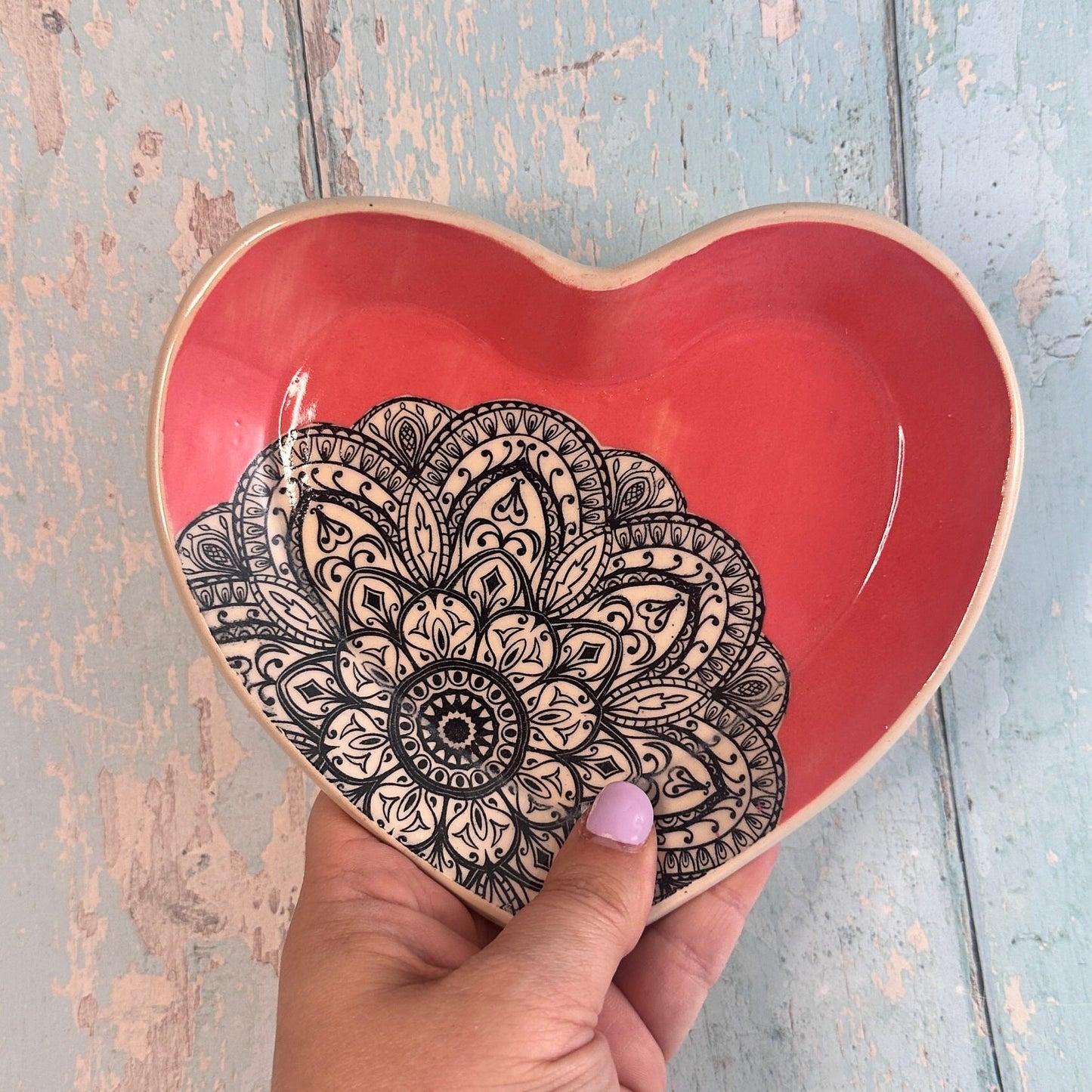 Pink Heart and Mandala Dish, Handmade Ceramic Plate
