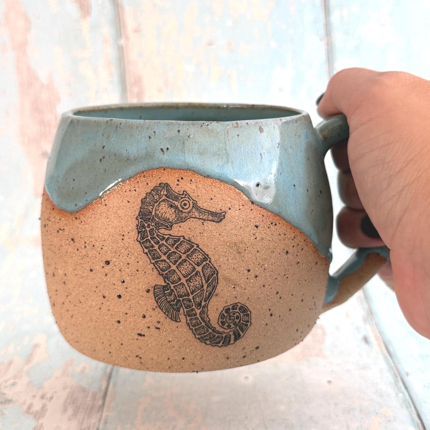 Turquoise Seahorse Mug, Large Ceramic Cup