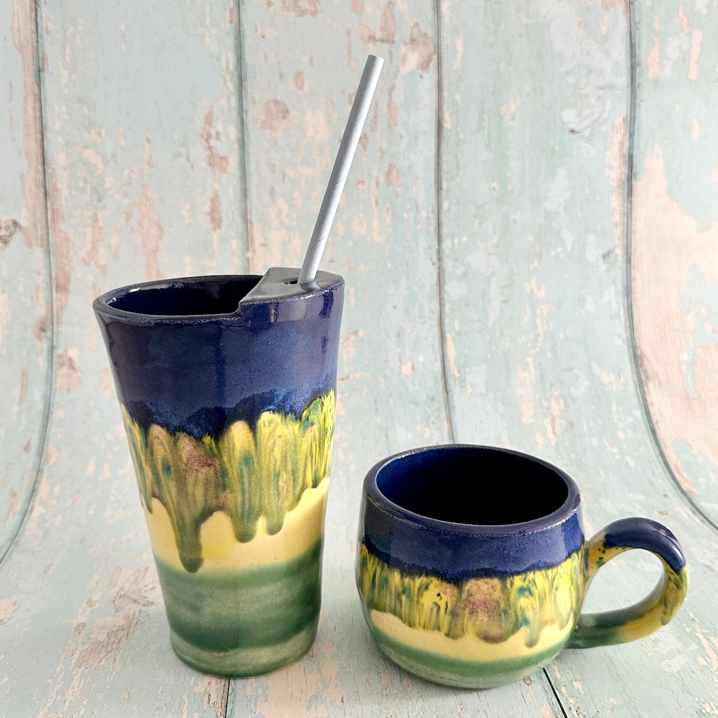 Blue, Yellow and Green Straw-holder Tumbler, Large Ceramic Cup
