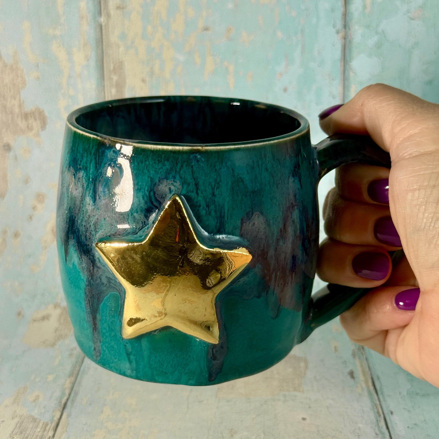 Turquoise and Black Gold Star Mug, Handmade Ceramic Mug