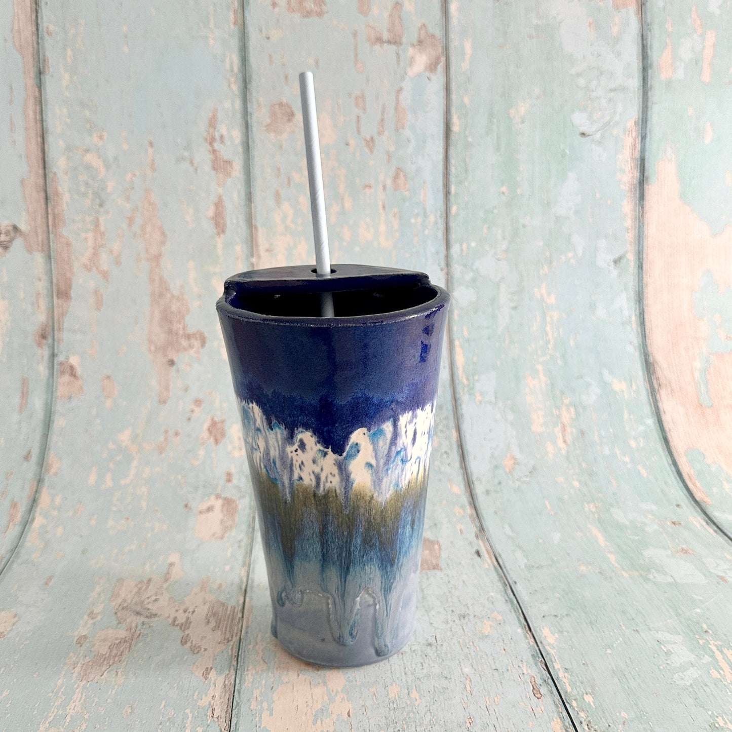 Blue Straw-holder Tumbler, Large Ceramic Cup