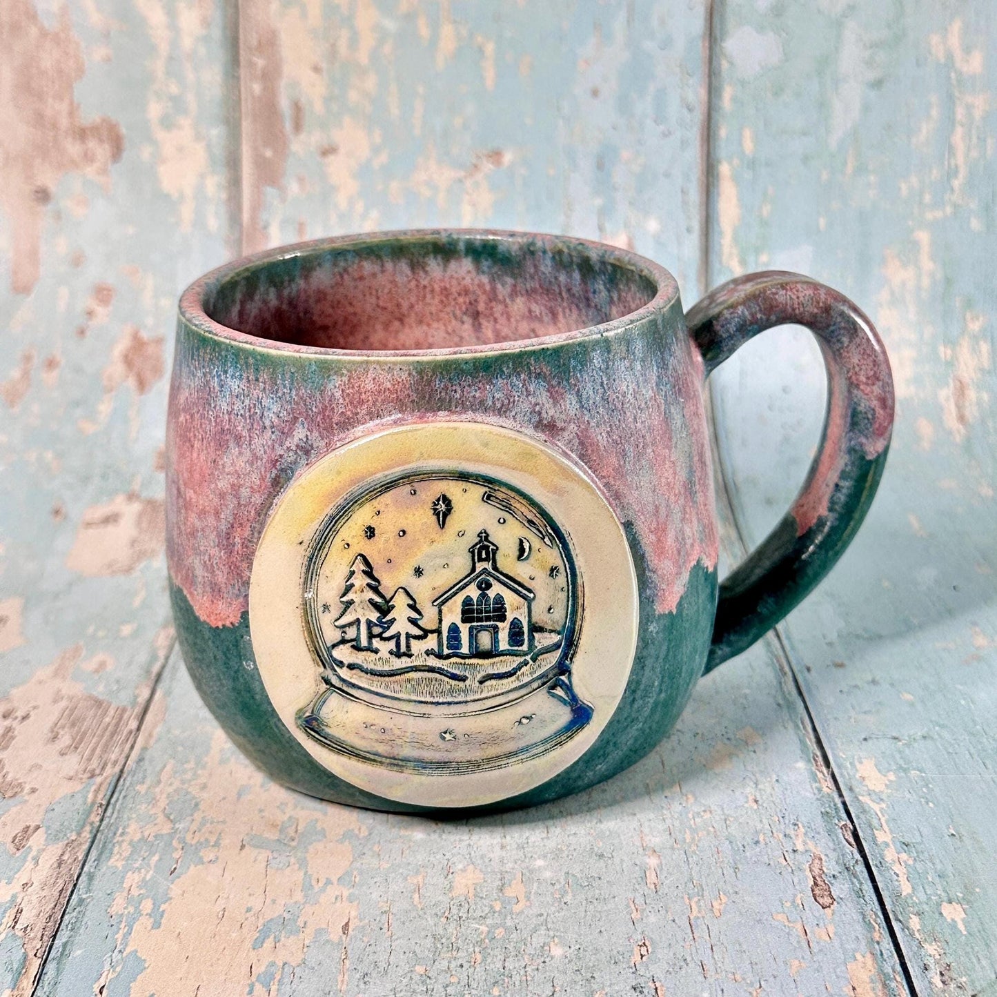 Green and Pink Christmas Snow Globe Mug, Handmade Ceramic Cup