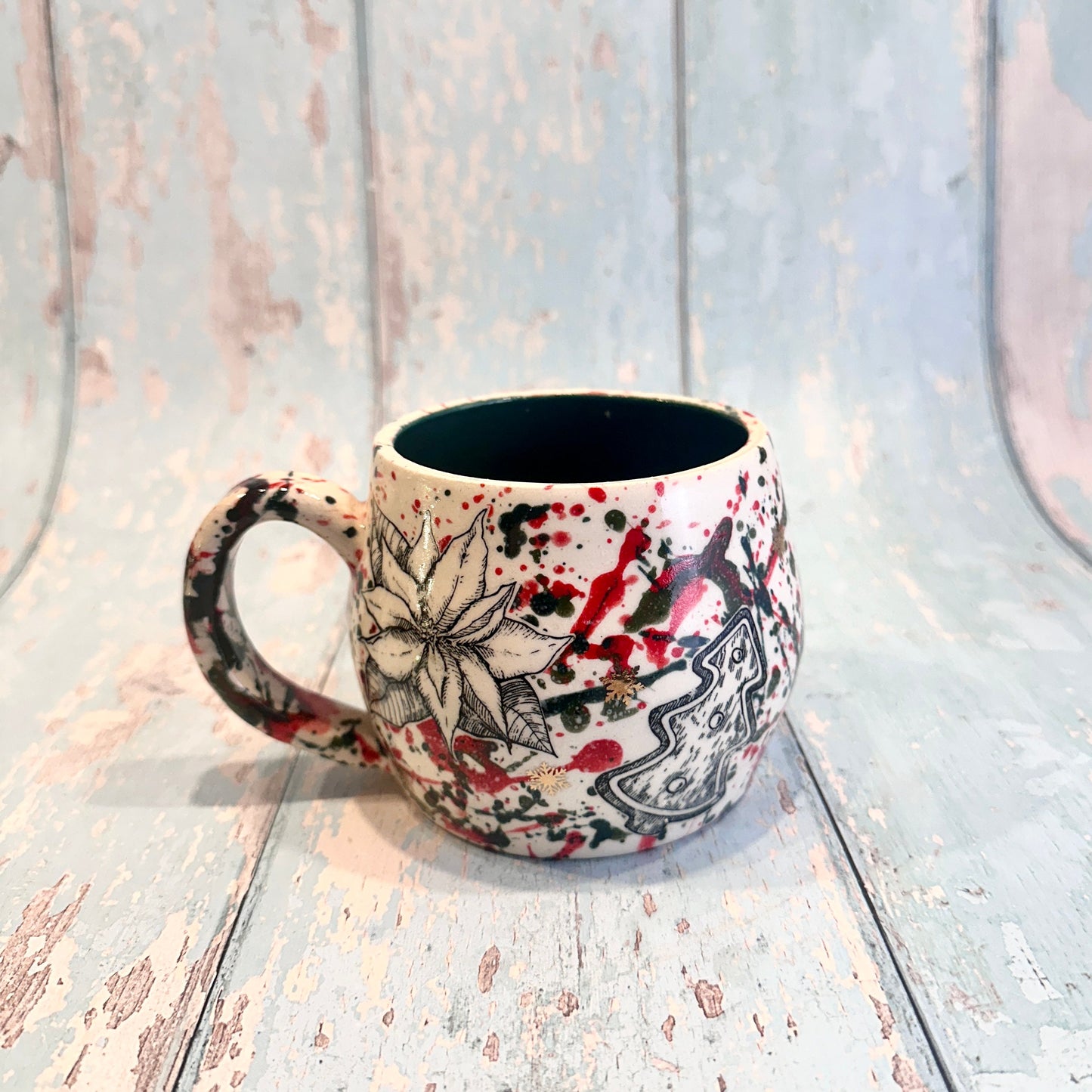 Large Christmas Mug, Handmade Ceramic Cup, Green Red Gold