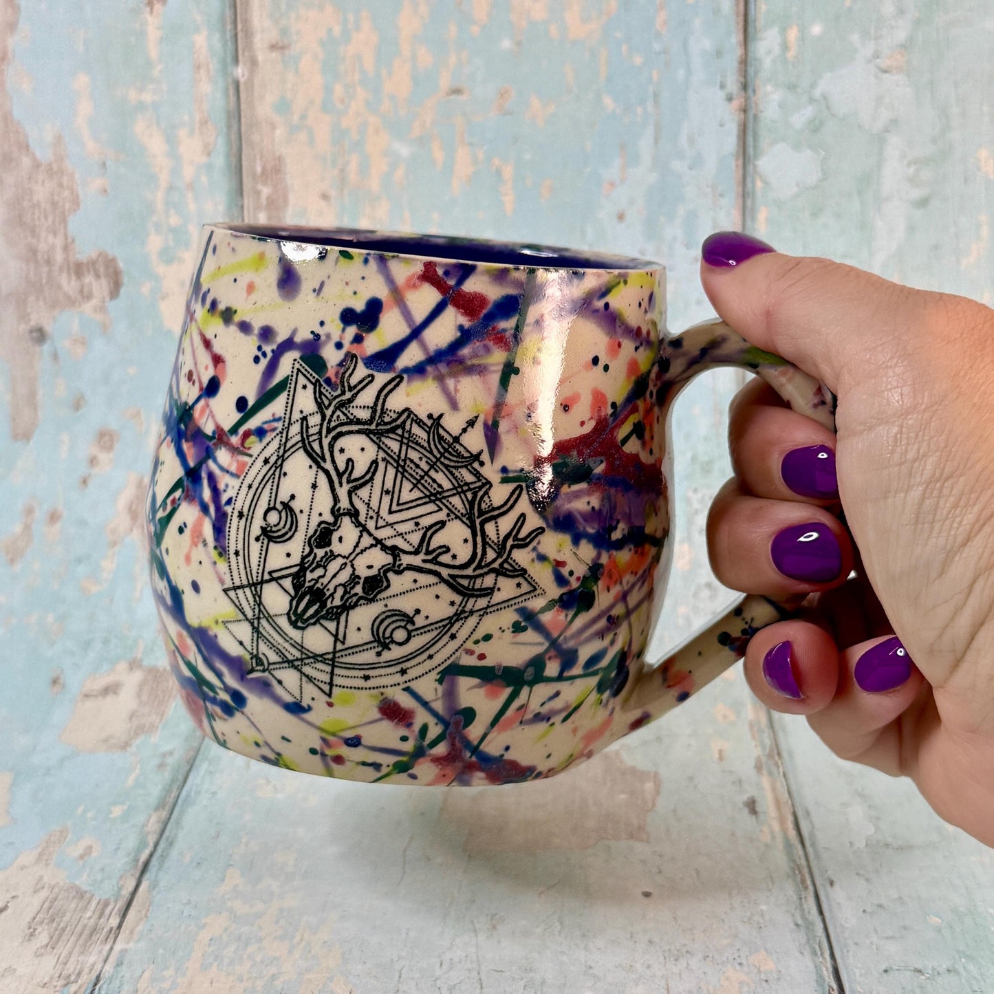 Dark Purple Boho Stag Skull Mug, Large Ceramic Cup