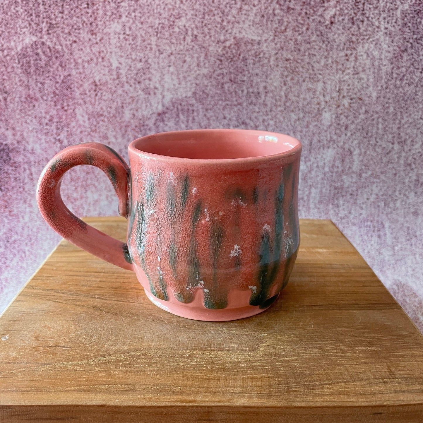 Handmade Coral Pink and Green Drippy Glazed Ceramic Mug