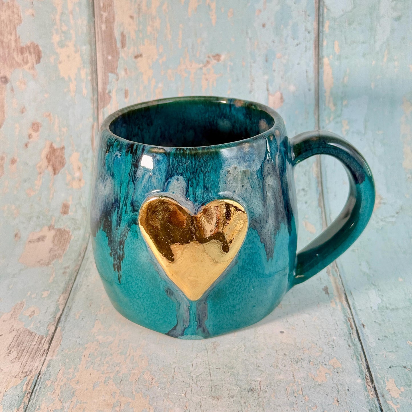 Turquoise, Black and Gold Heart Ceramic Mug, Large Pottery Cup