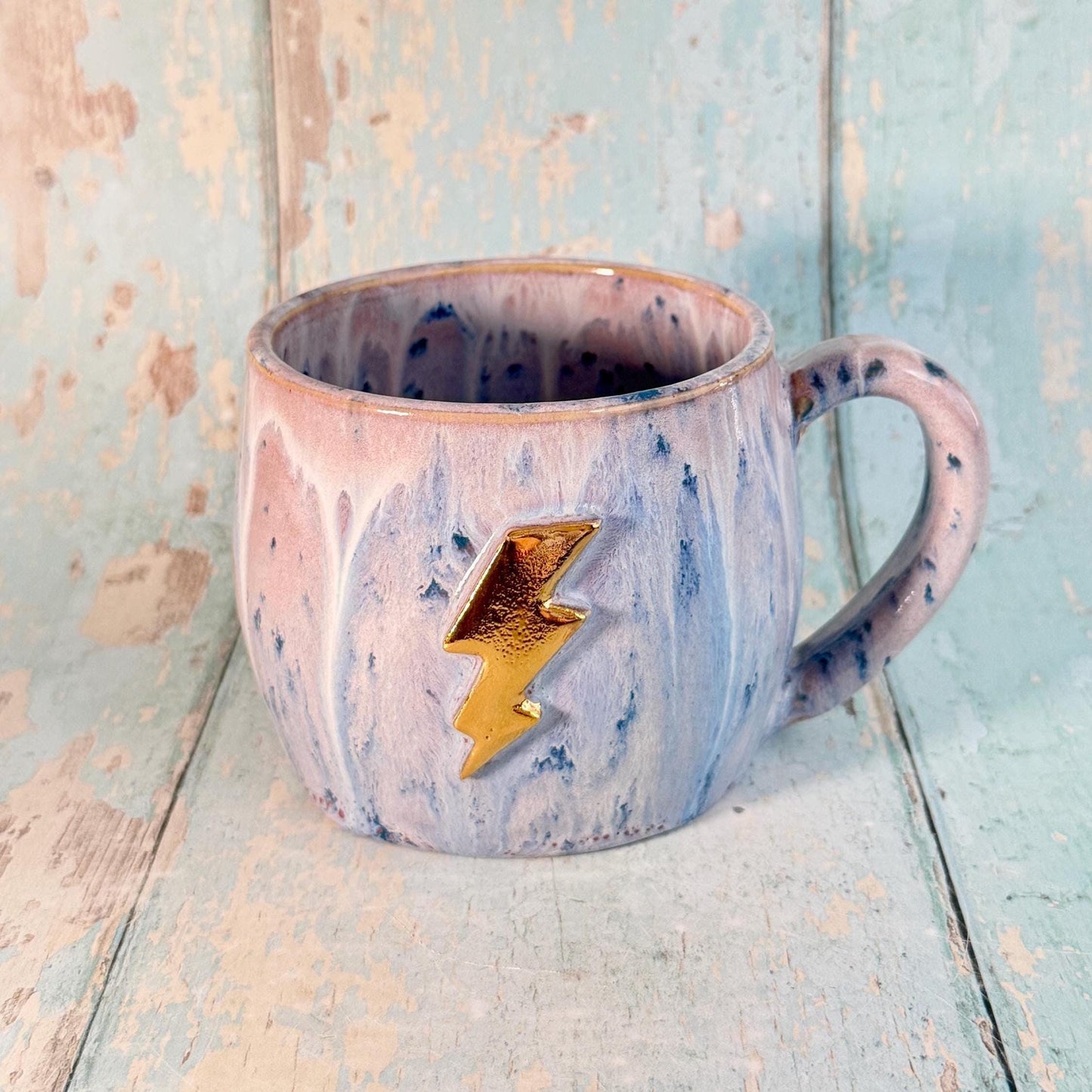 Lavender and Gold Lightning Bolt Mug, Handmade Ceramic Cup