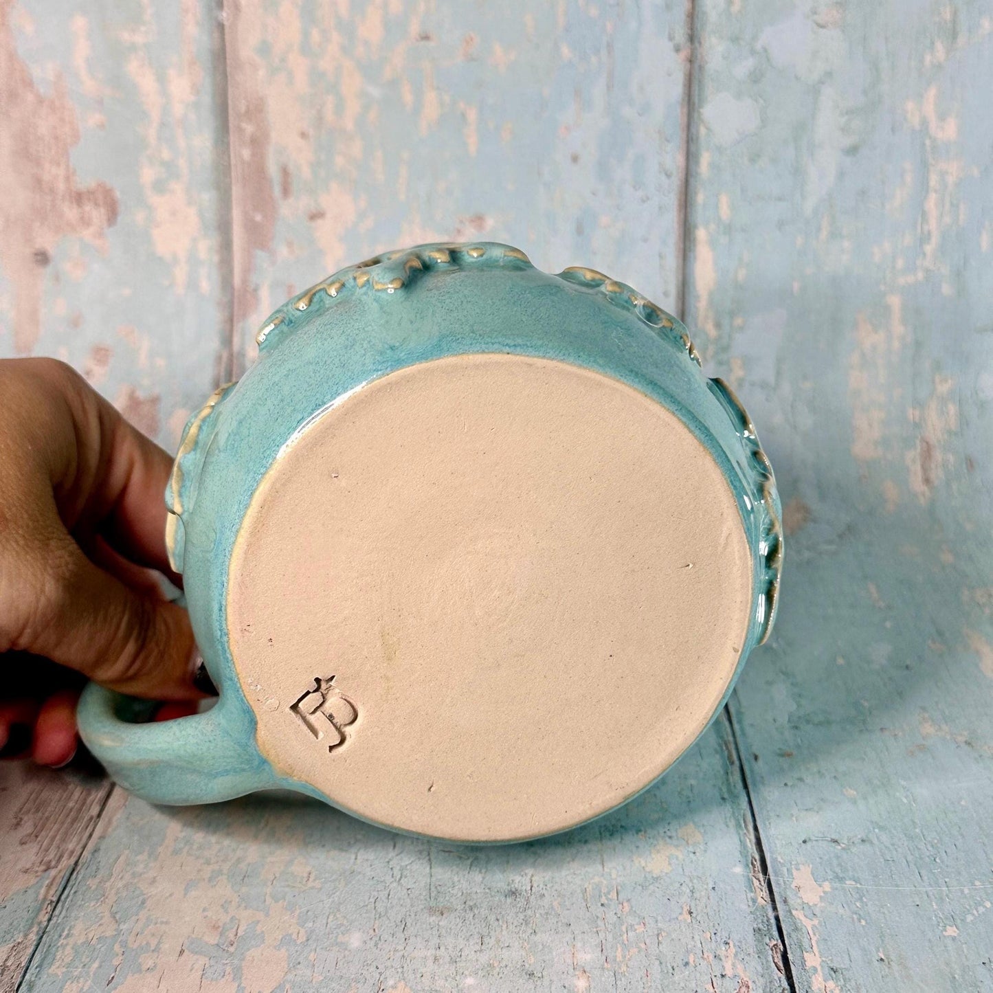 Turquoise Blue Christmas Snowflake Mug, Handmade Ceramic Cup