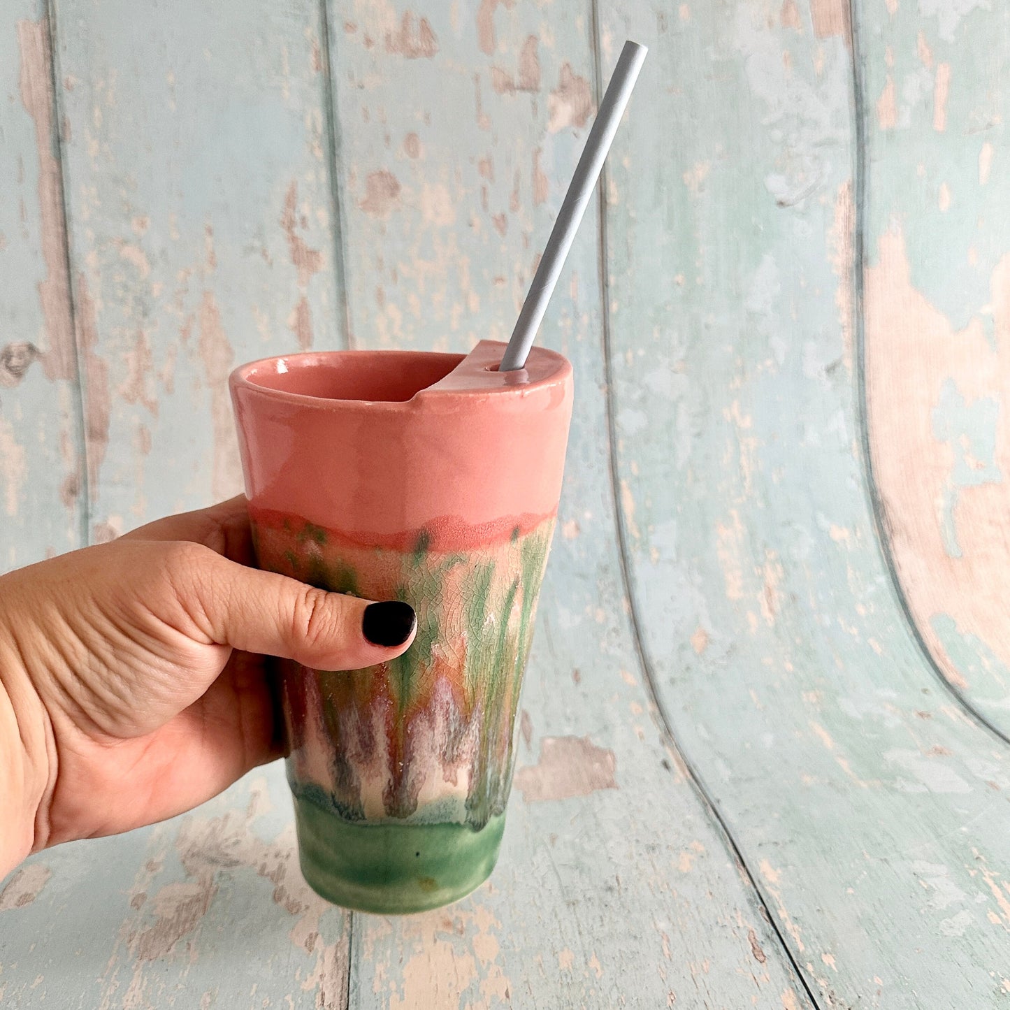Coral Pink and Green Straw-holder Tumbler, Large Ceramic Cup
