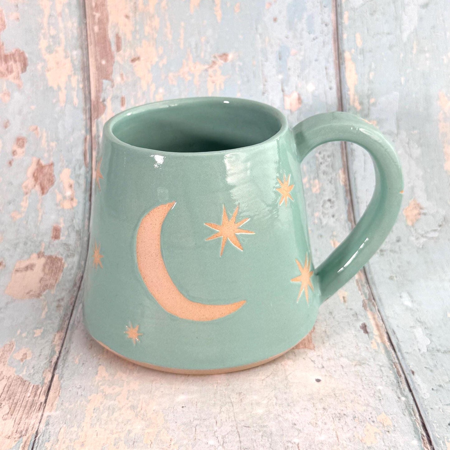 Turquoise Moon & Star Celestial Mug, Large Ceramic Cup