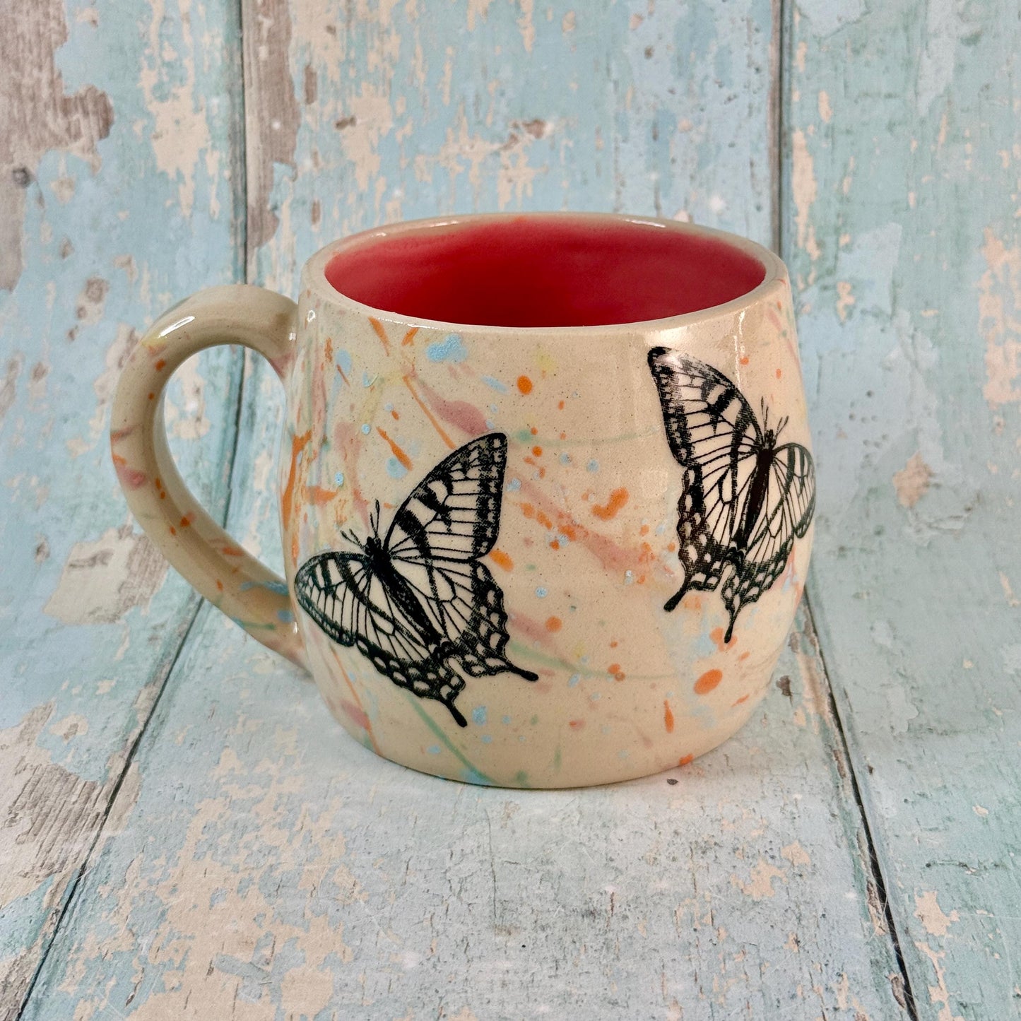 Pastel Pink Handmade Butterfly Mug, Large Ceramic Cup