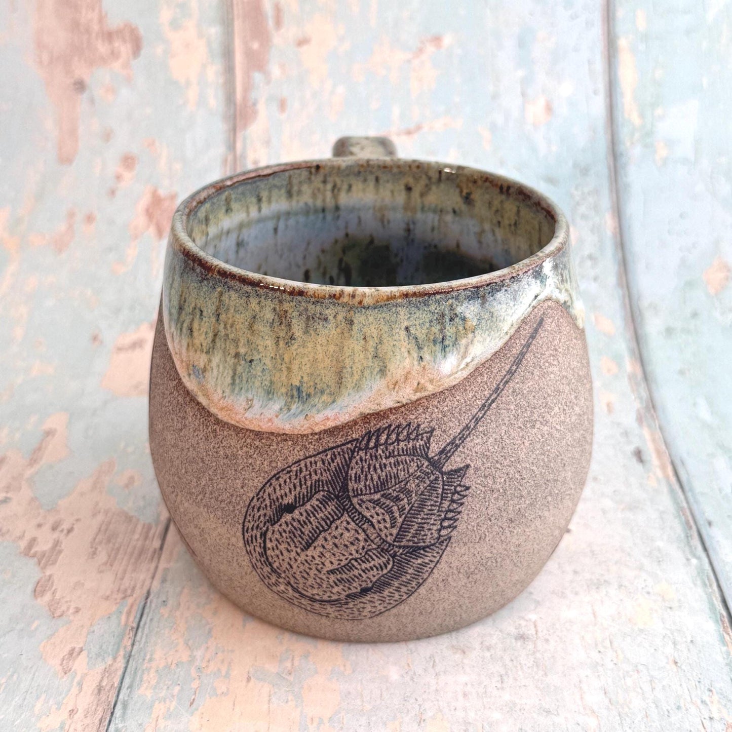 Green Grey Horseshoe Crab Dollar Mug, Large Ceramic Cup