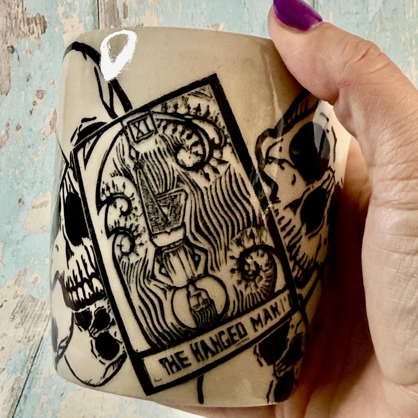 Black and White Tarot and Skull Mug, Large Ceramic Cup