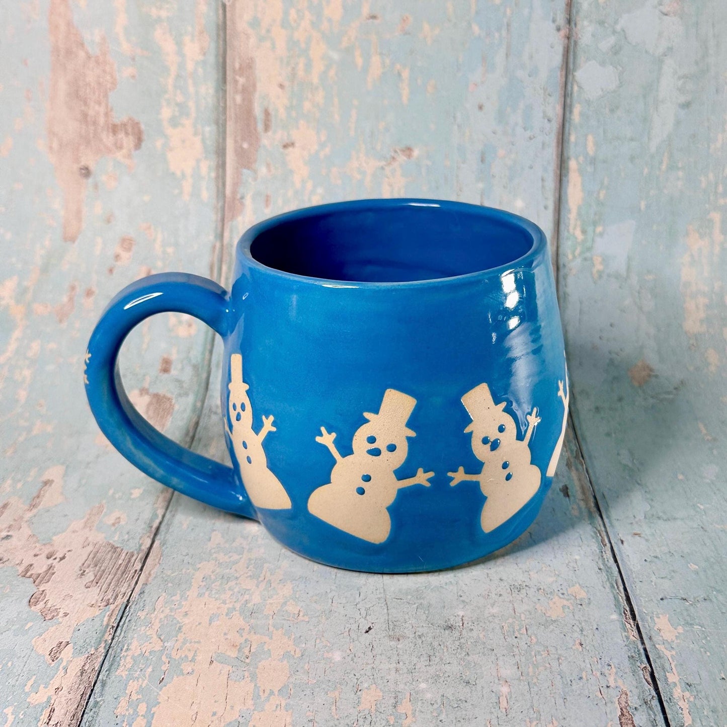Blue Christmas Snowman Mug, Handmade Ceramic Cup