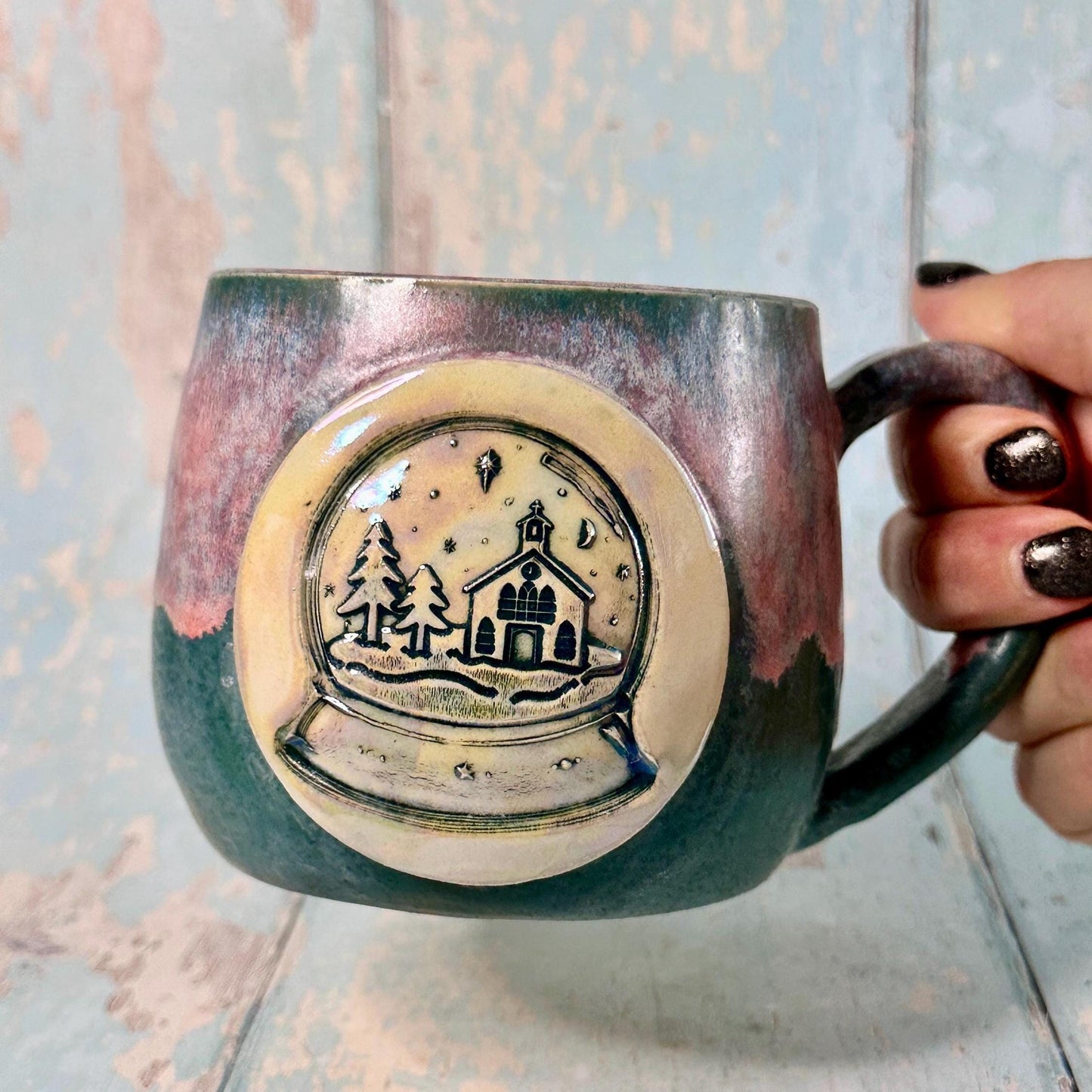 Green and Pink Christmas Snow Globe Mug, Handmade Ceramic Cup