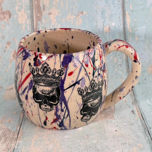 Crowned Skull Mug, Purple and Red, Handmade Ceramic Cup