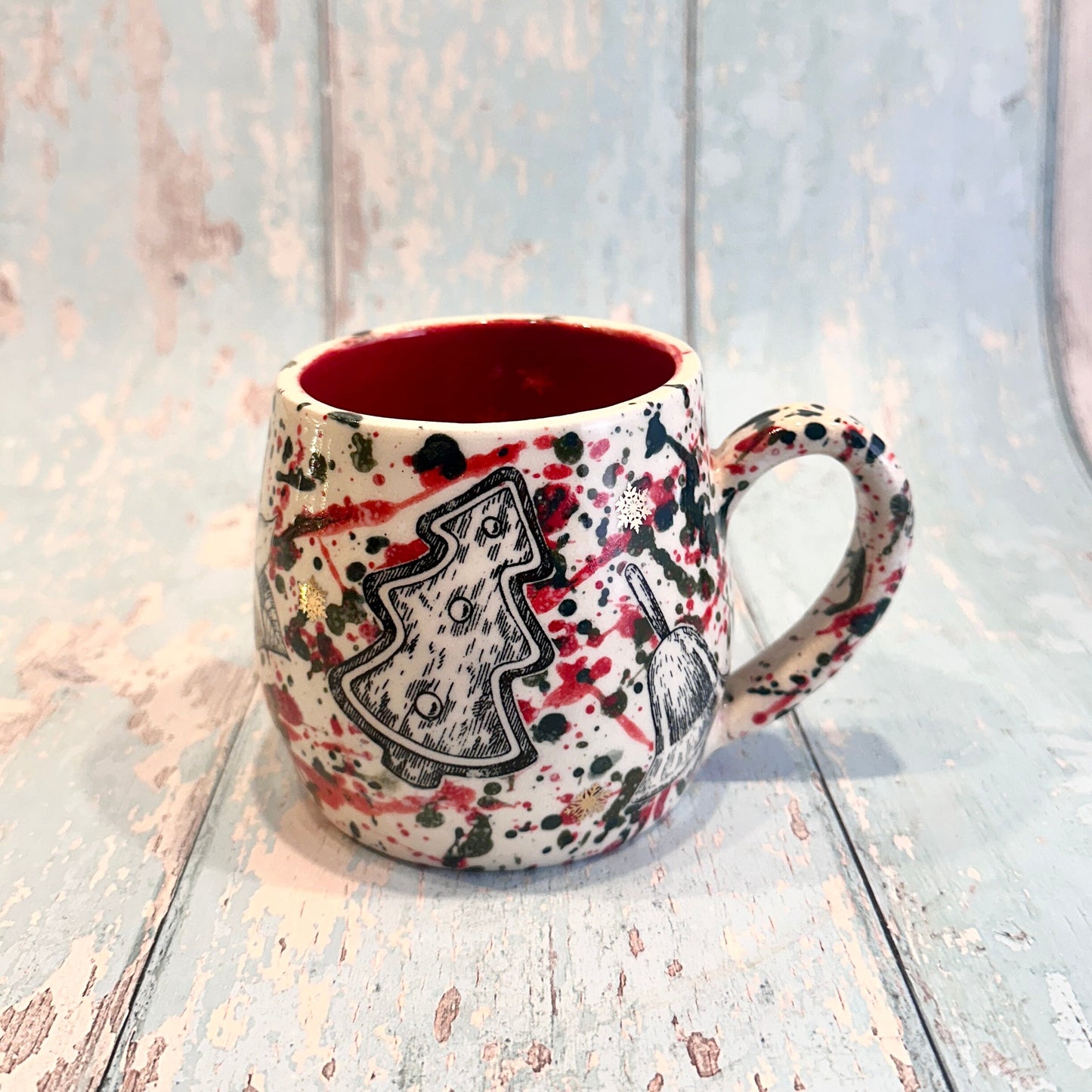Large Christmas Mug, Handmade Ceramic Cup, Green Red Gold