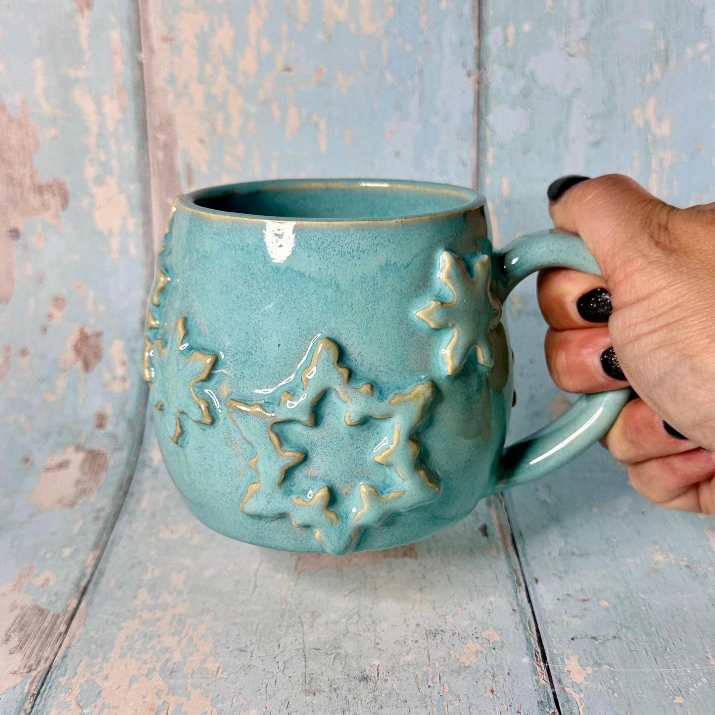Turquoise Blue Christmas Snowflake Mug, Handmade Ceramic Cup