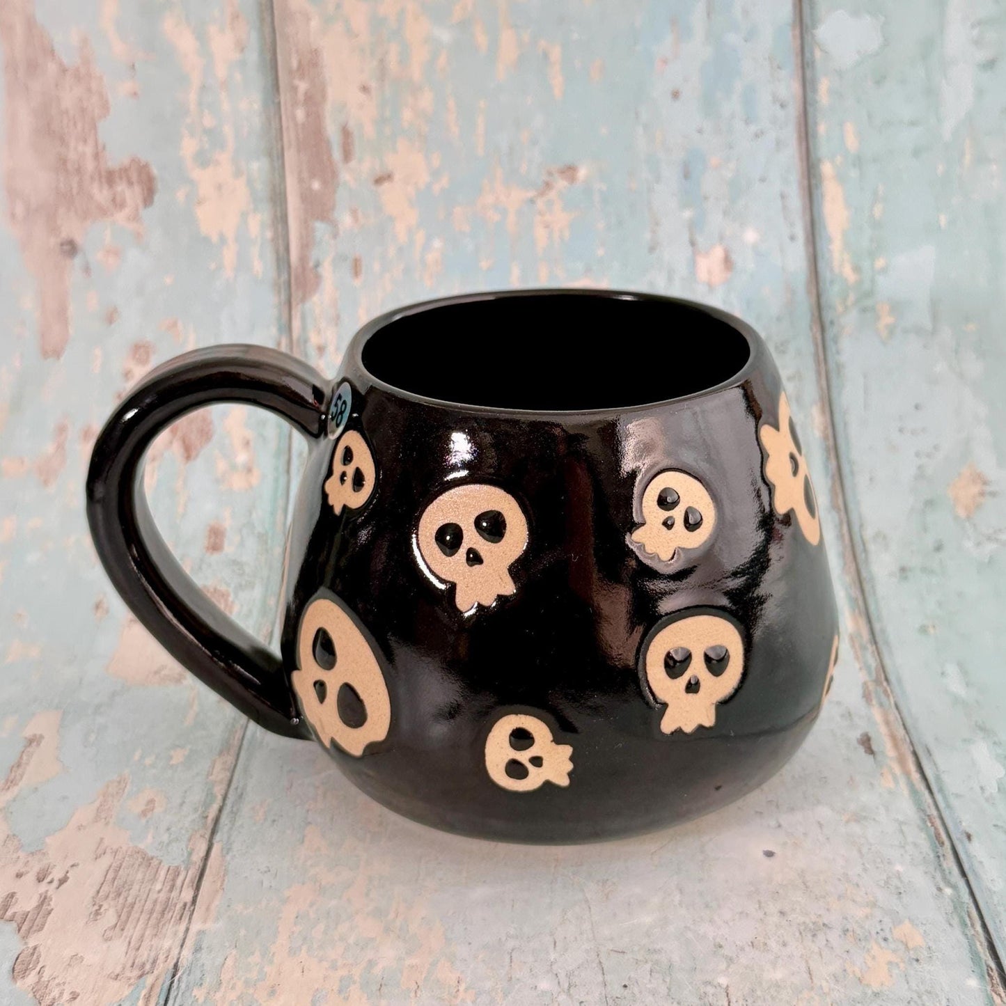 Black Skull Mug, Handmade Ceramic Cup, Spooky Halloween Mug