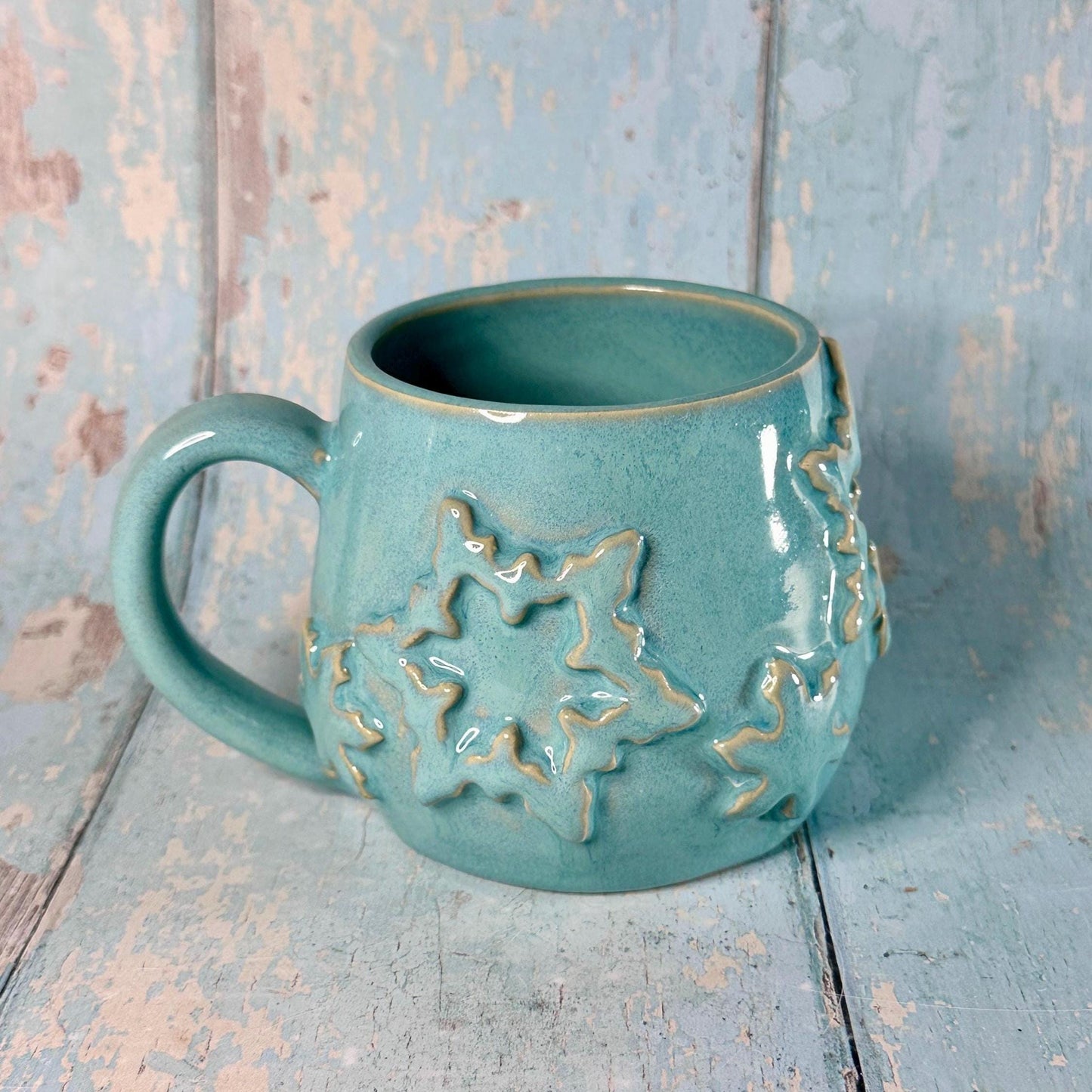 Turquoise Blue Christmas Snowflake Mug, Handmade Ceramic Cup