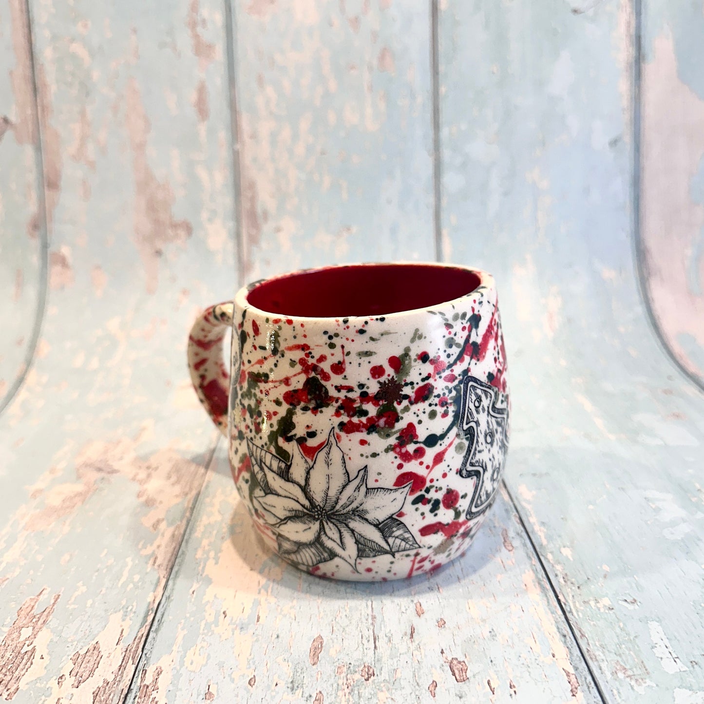 Large Christmas Mug, Handmade Ceramic Cup, Green Red Gold