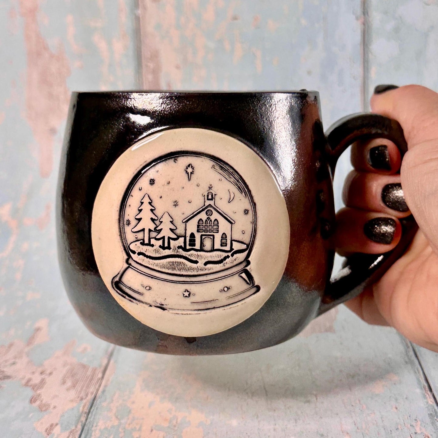 Metallic Black Christmas Snow Globe Mug, Handmade Ceramic Cup