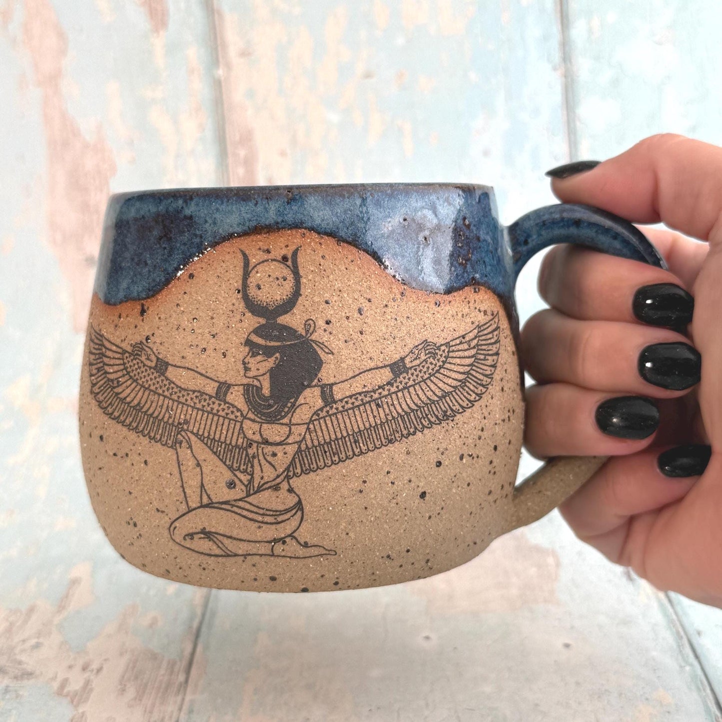 Blue Egyptian Isis Goddess  Mug, Large Flower Ceramic Cup