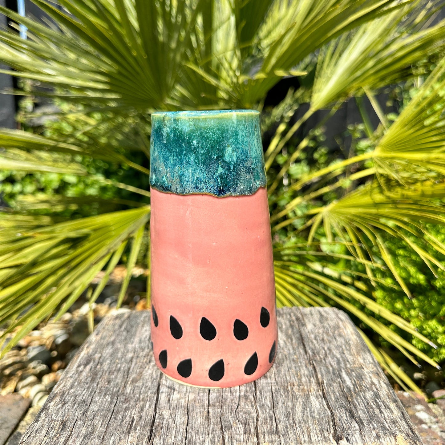 Ceramic Watermelon Vase,  Handmade Modern Pottery, Pink and Green