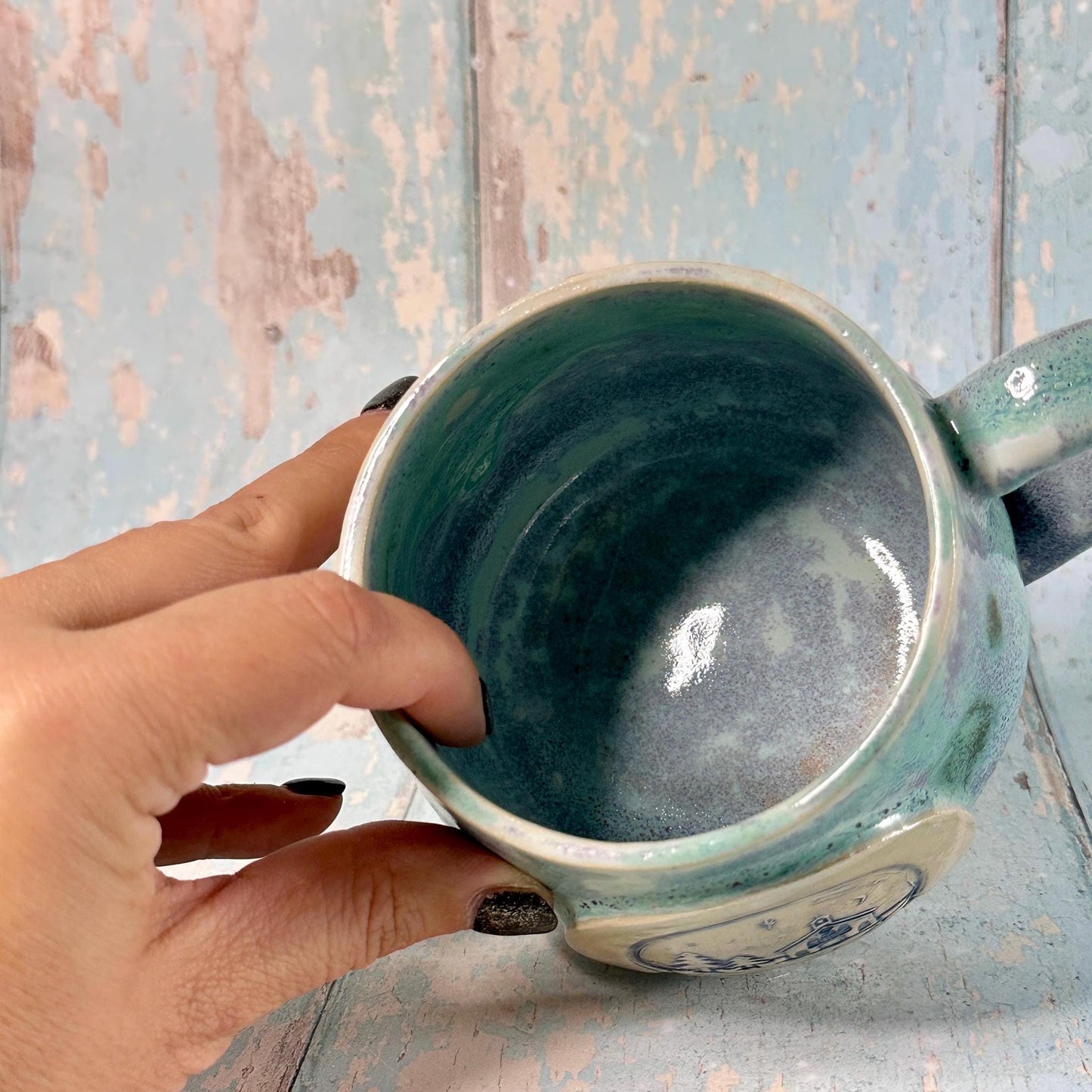 Green and Purple  Christmas Snow Globe Mug, Handmade Ceramic Cup