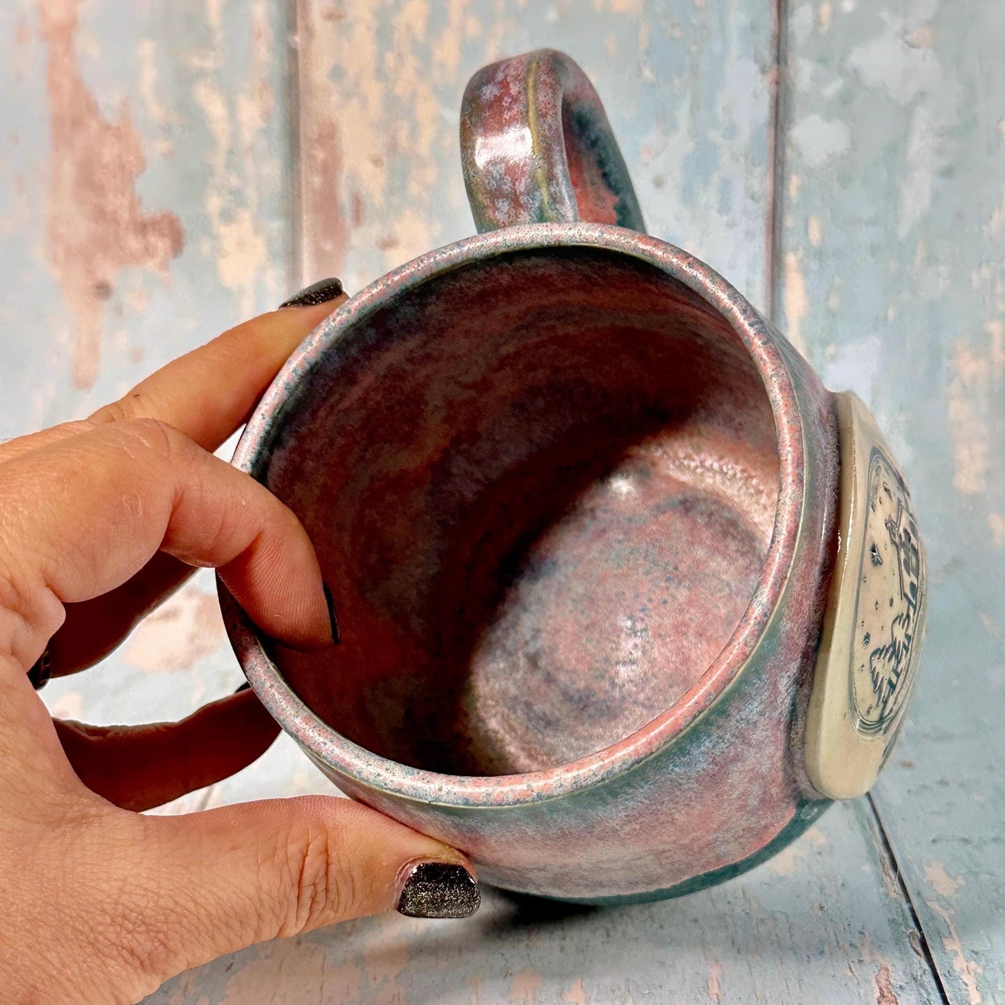 Green and Pink Christmas Snow Globe Mug, Handmade Ceramic Cup