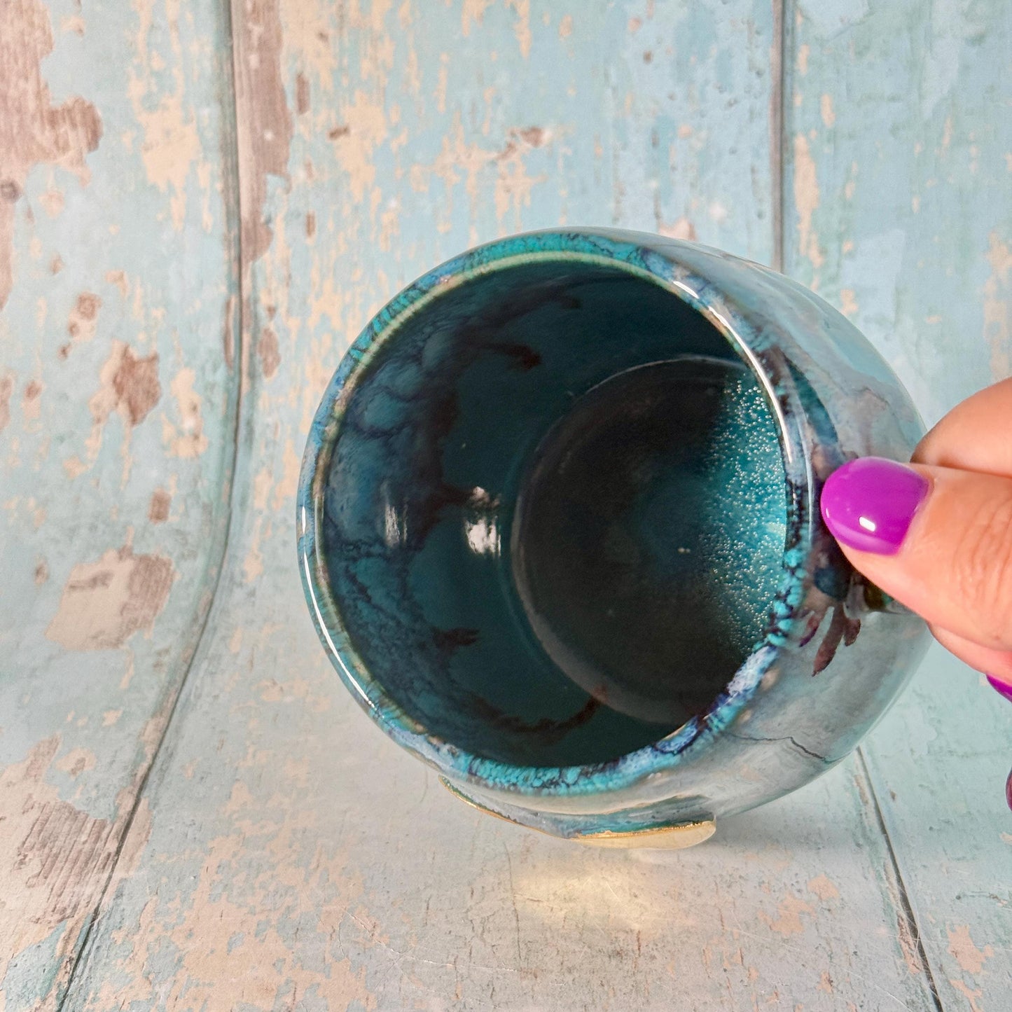 Turquoise, Black and Gold Heart Ceramic Mug, Large Pottery Cup