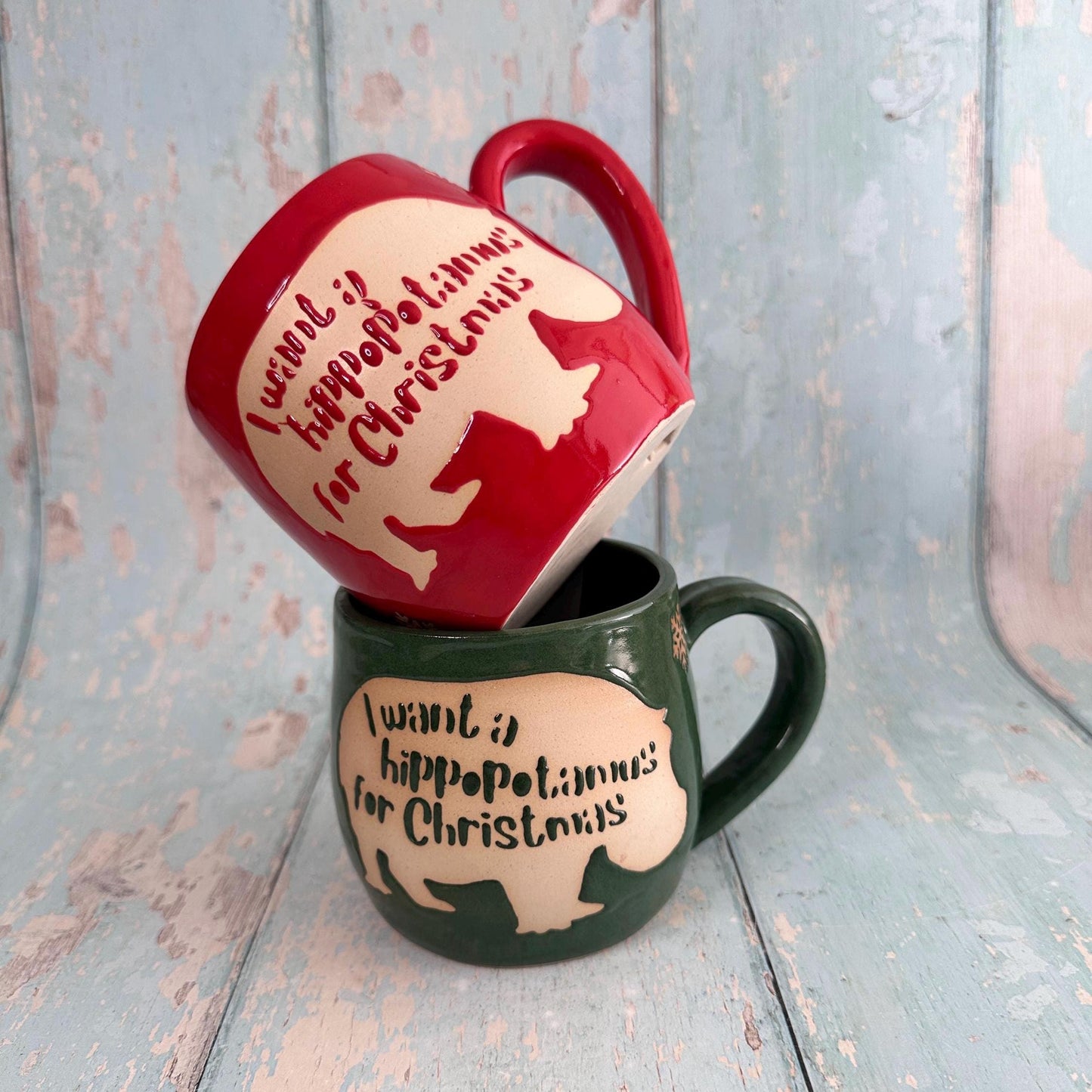 Red Christmas Hippo Mug, Handmade Ceramic Cup