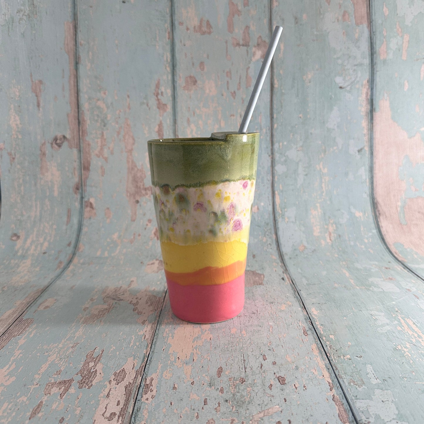 Pink and Yellow and Green Straw Holder Tumbler, Large Ceramic Cup