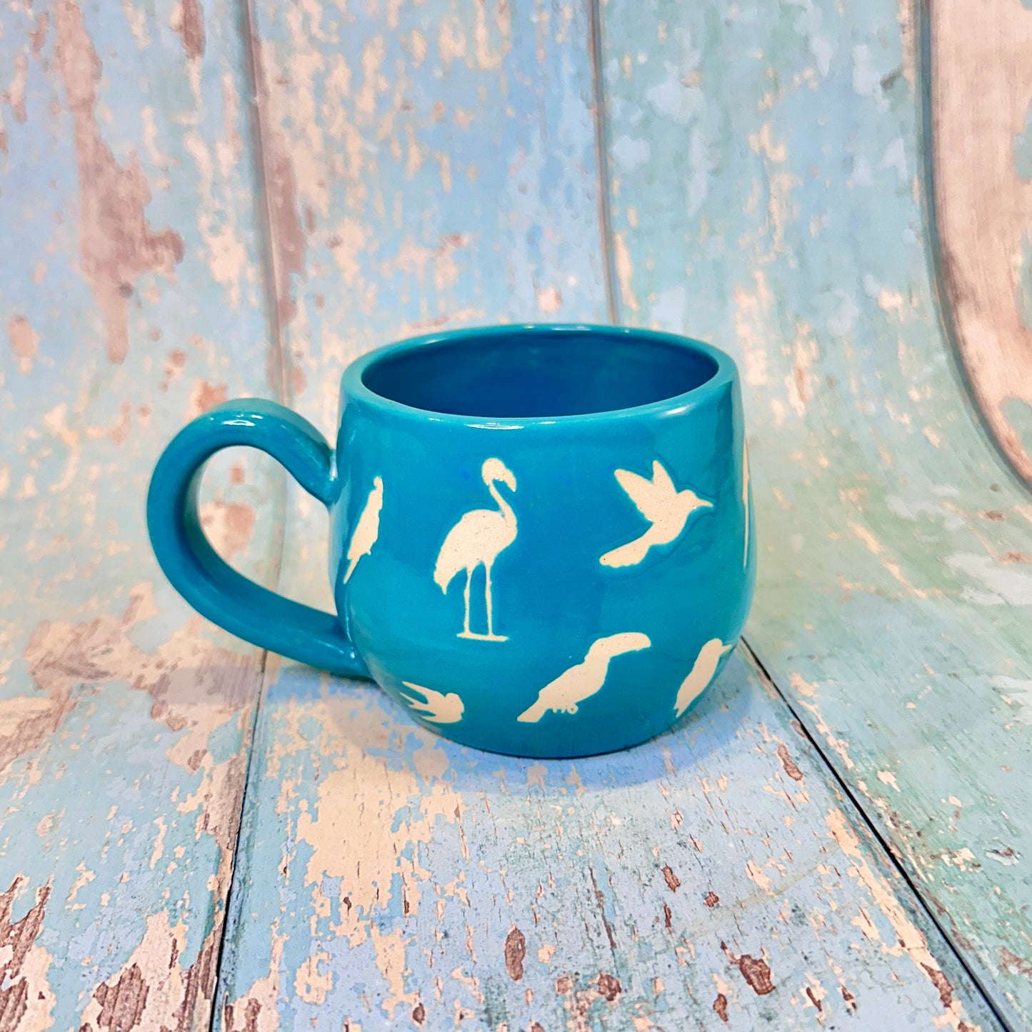 Turquoise Blue Bird Mug, Handmade Ceramic Cup