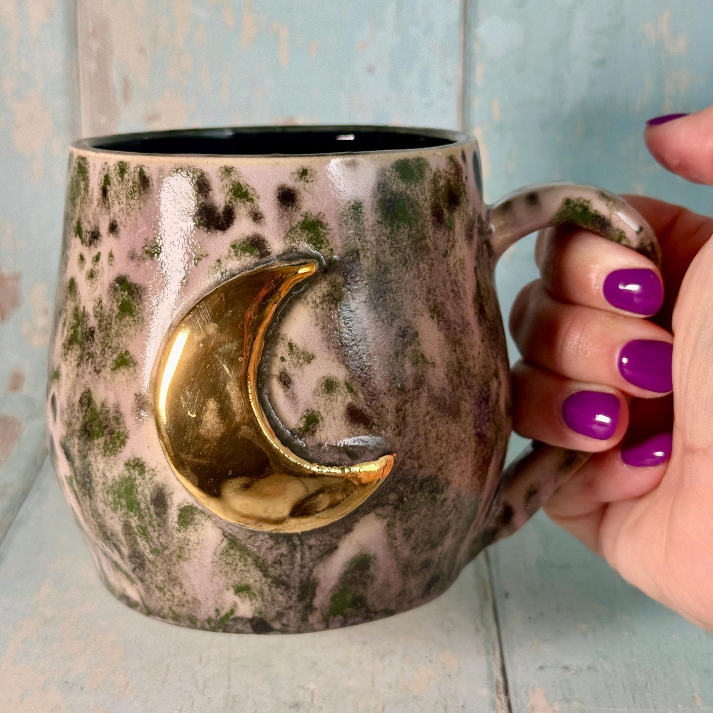 Purple and Green Gold Moon Mug, Handmade Ceramic Mug