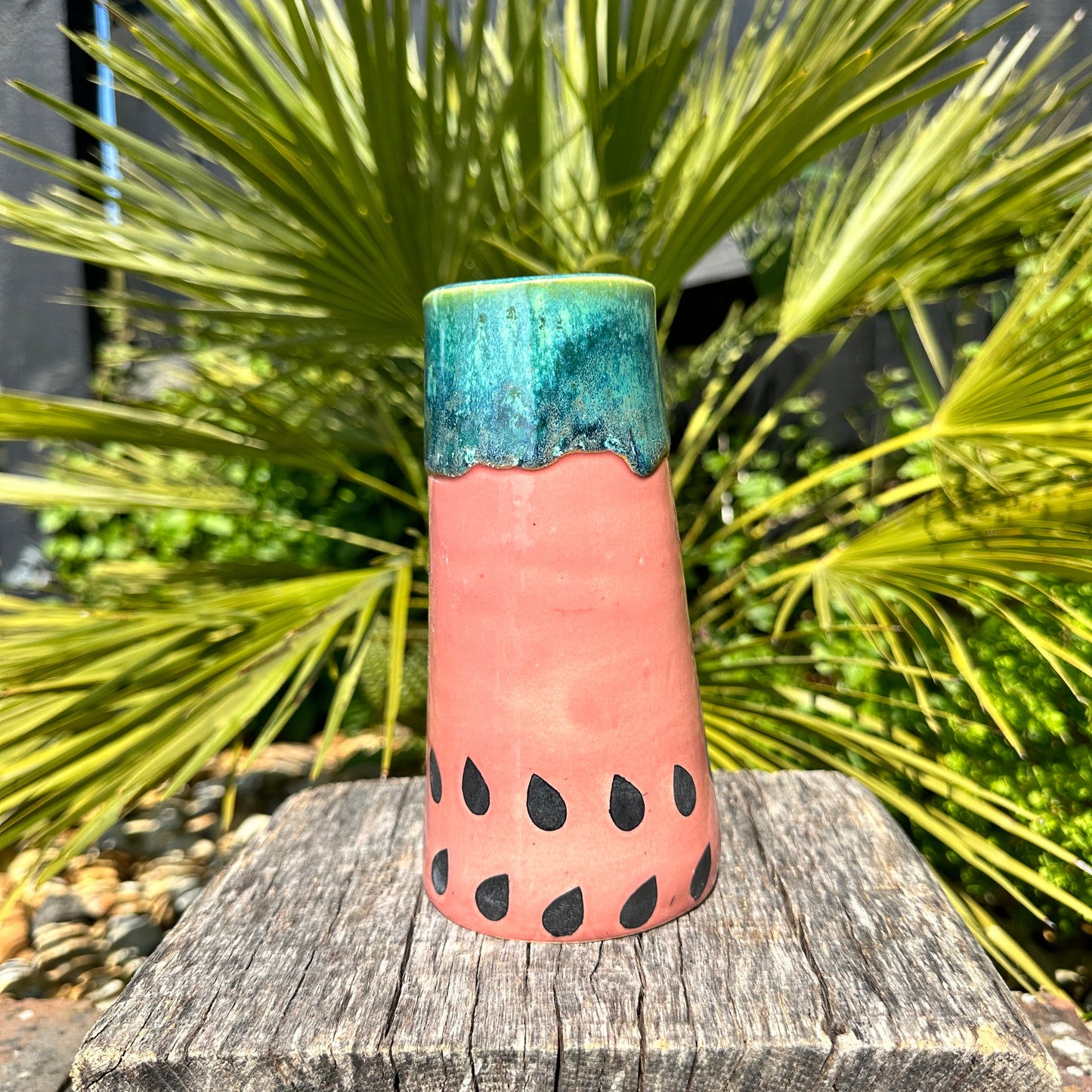 Ceramic Watermelon Vase,  Handmade Modern Pottery, Pink and Green
