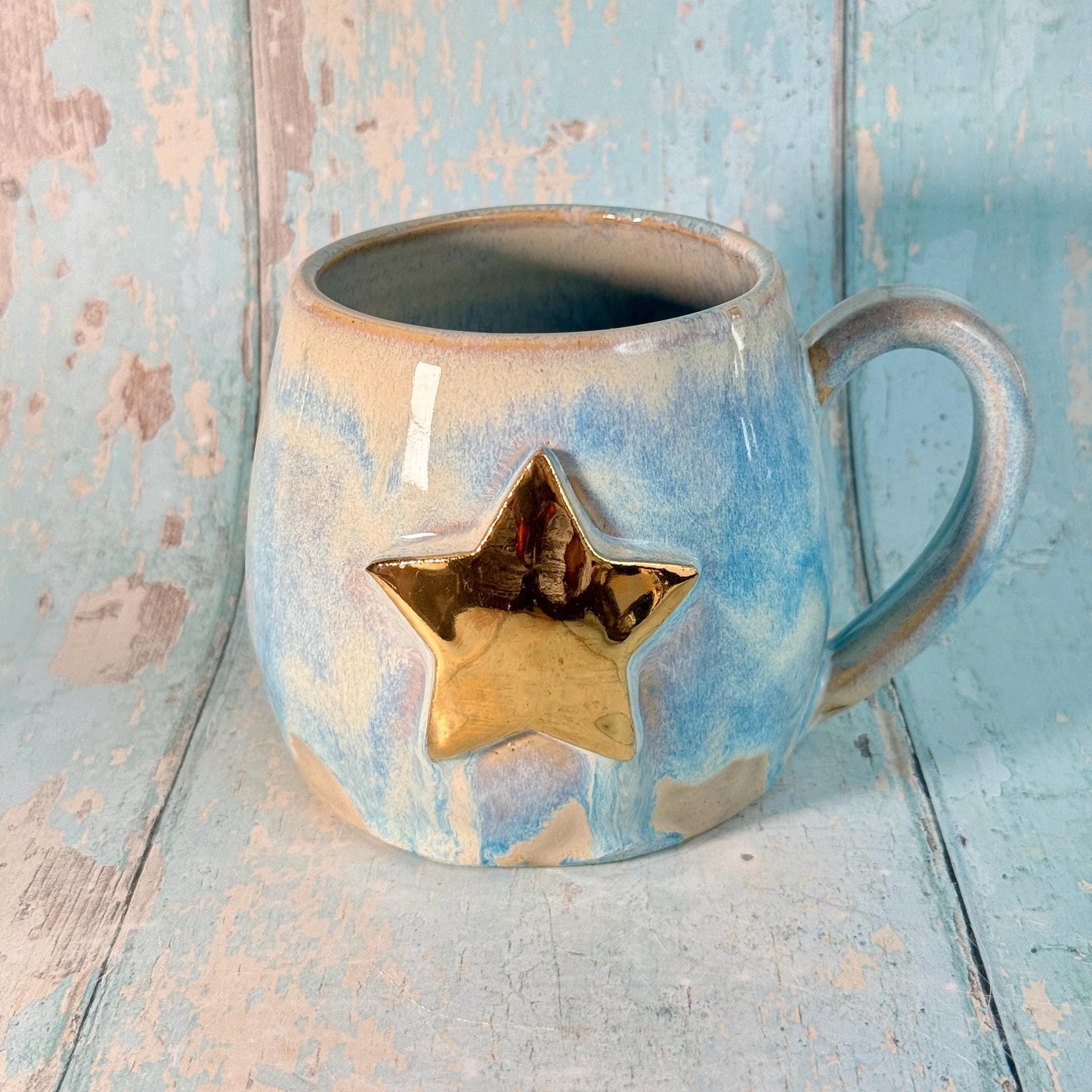 Blue Gold Star Mug, Handmade Ceramic Mug