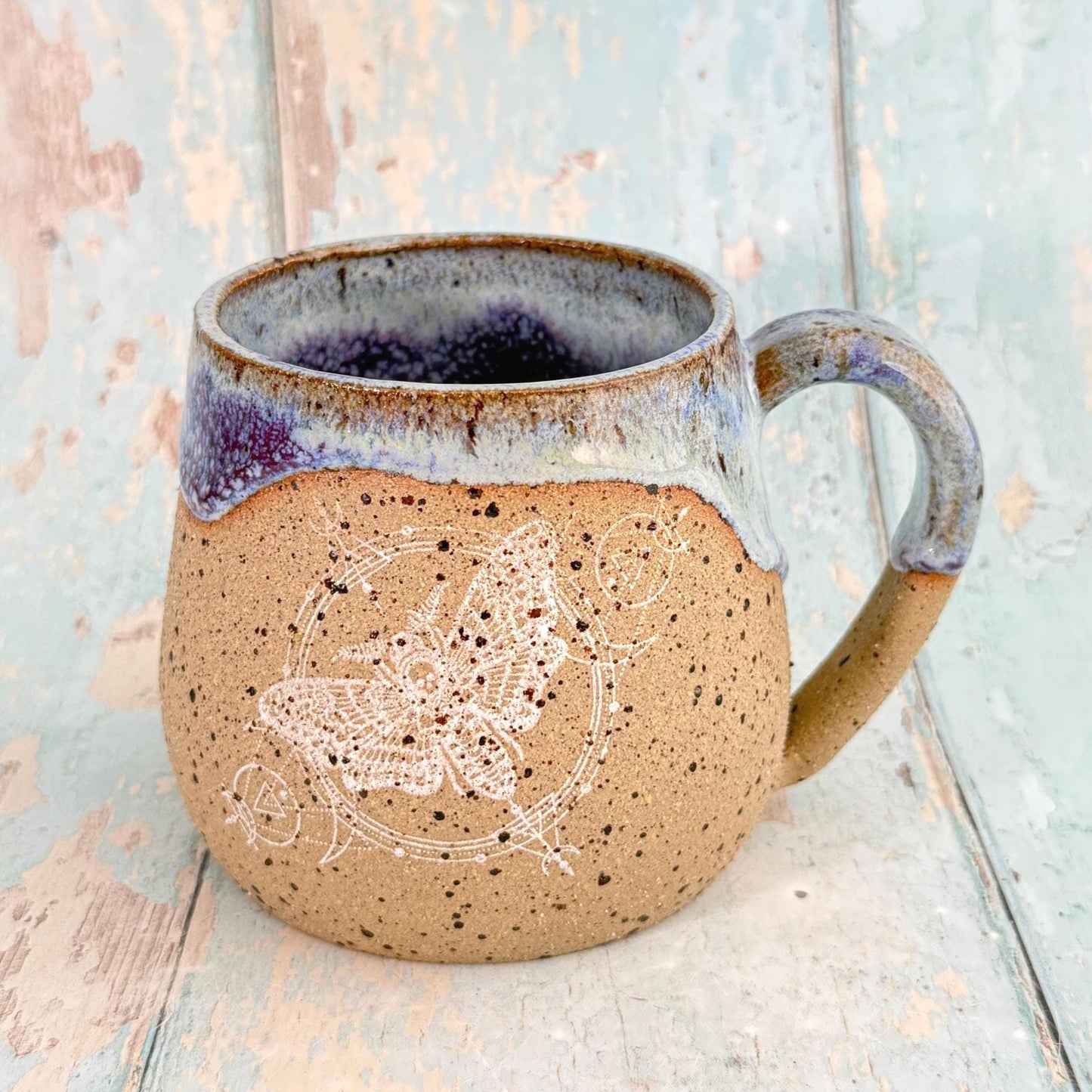 Purple Skull Moth Mug, Large Black Ceramic Cup