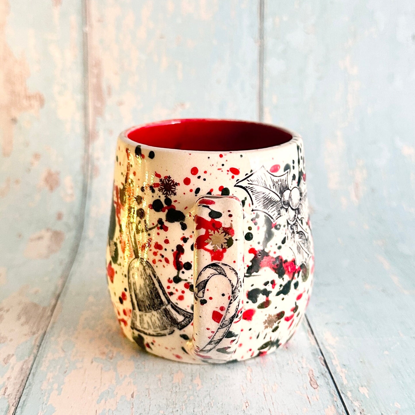 Large Christmas Mug, Handmade Ceramic Cup, Green Red Gold