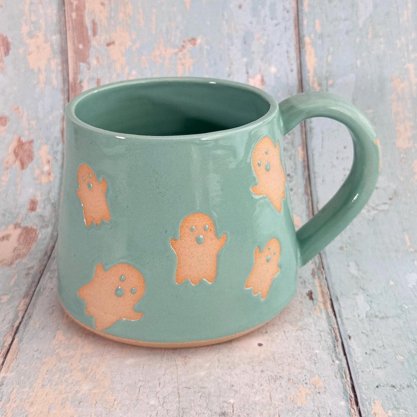 Turquoise Ghost Mug, Handmade Ceramic Cup, Spooky Halloween Mug