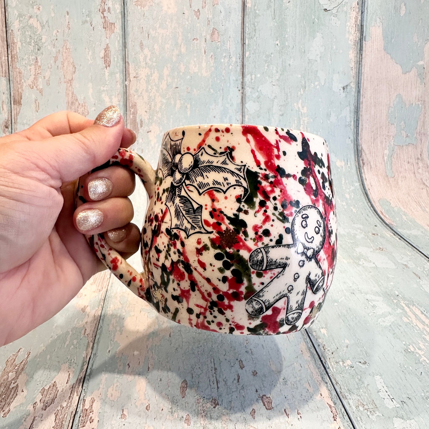 Large Christmas Mug, Handmade Ceramic Cup, Green Red Gold