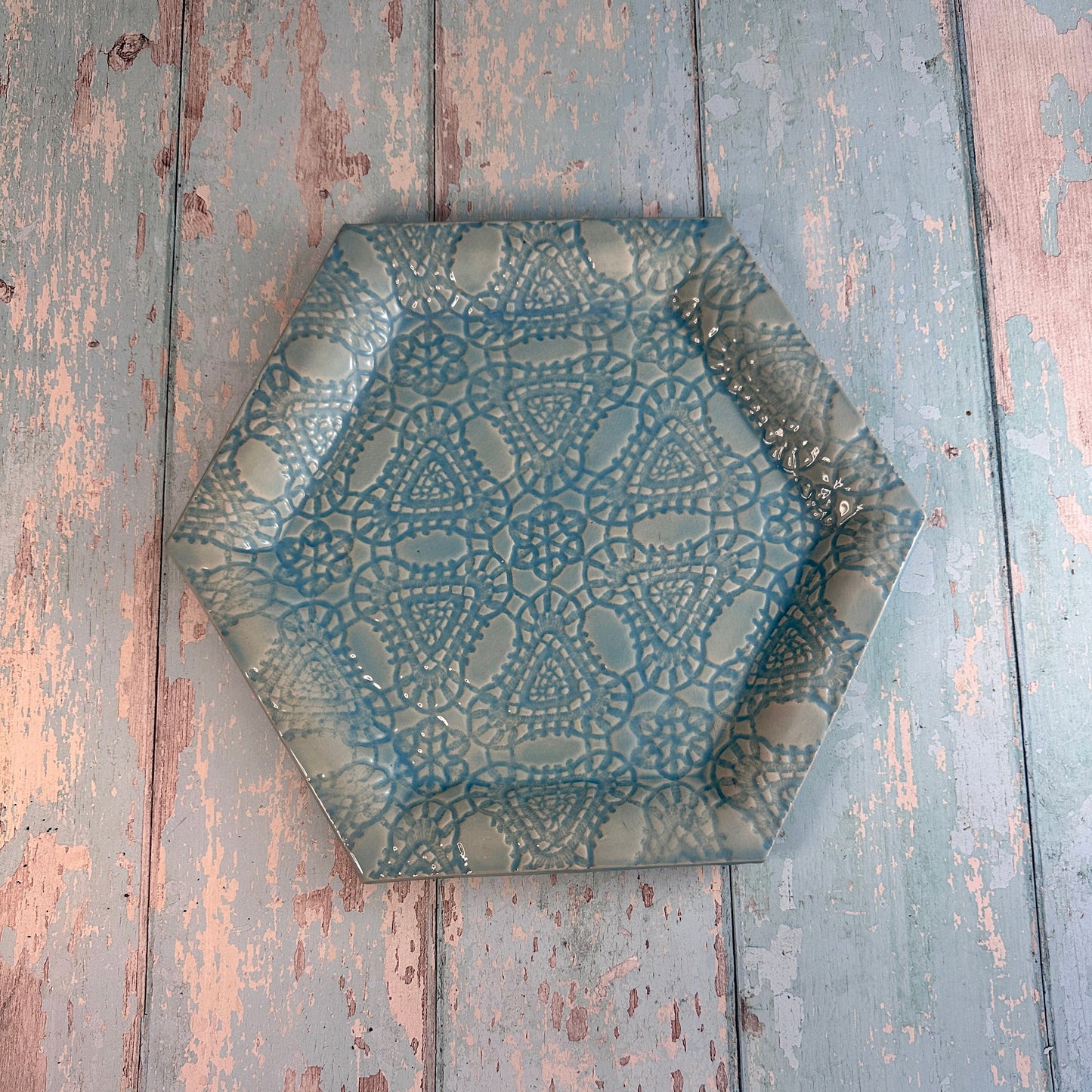 Large Blue Hexagon Platter, Round Ceramic Plate
