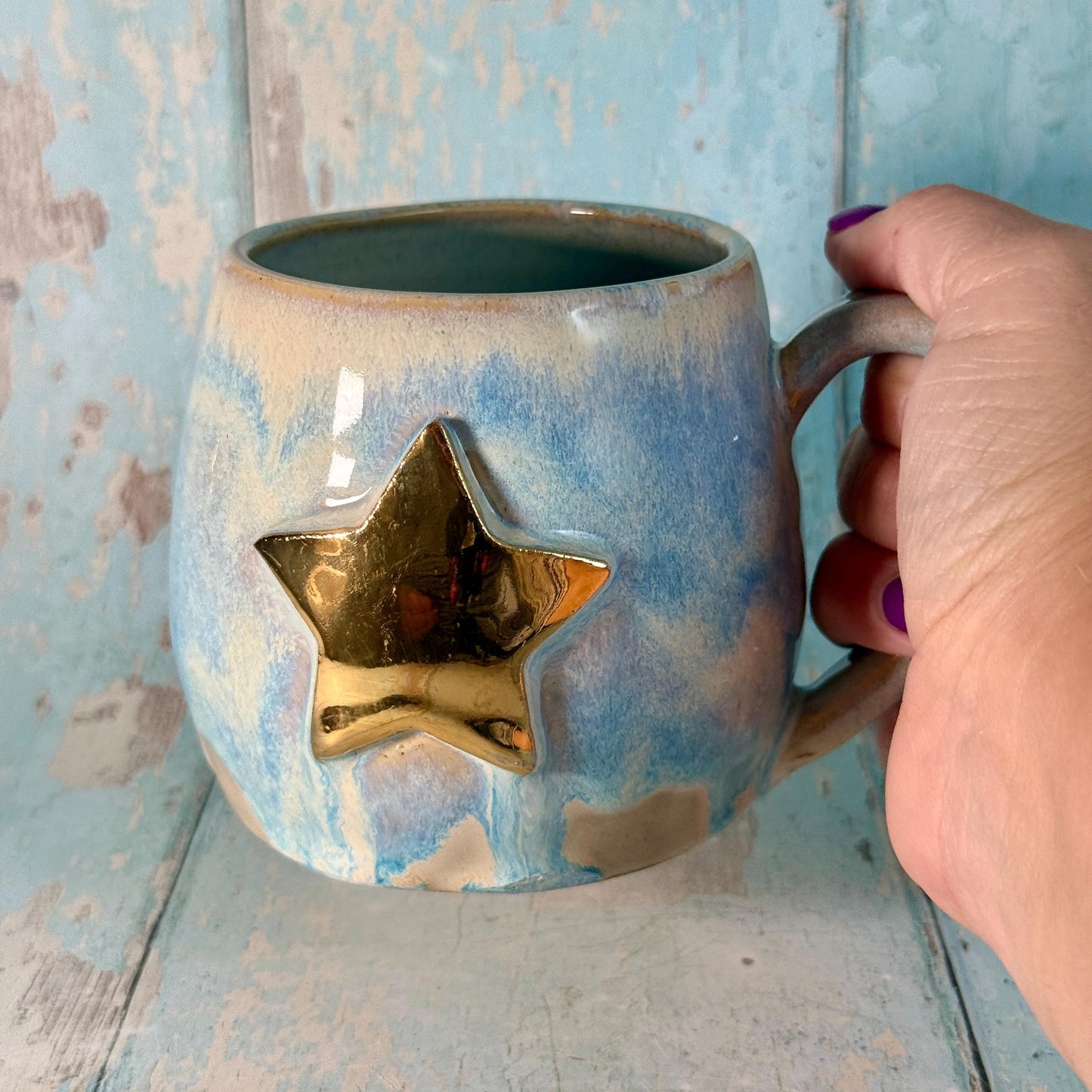Blue Gold Star Mug, Handmade Ceramic Mug