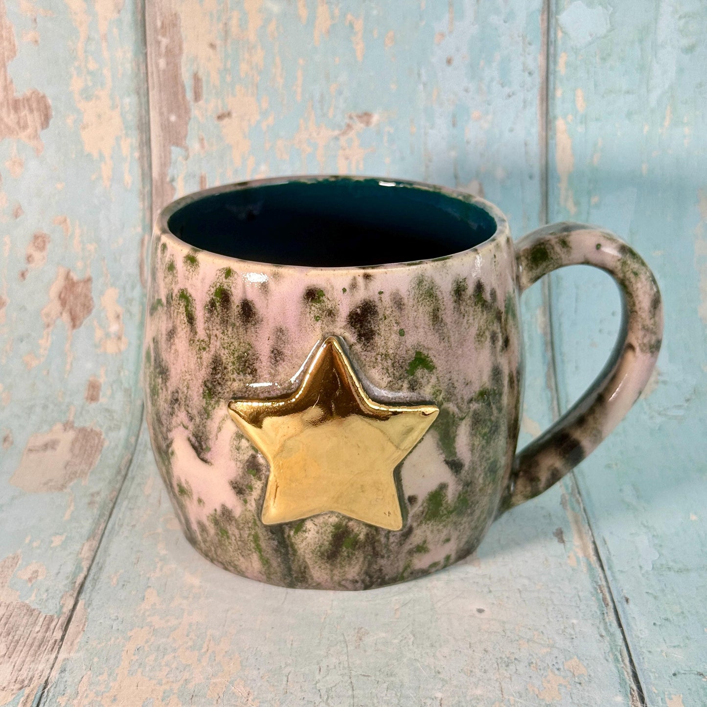 Purple and Green Gold Star Mug, Handmade Ceramic Mug