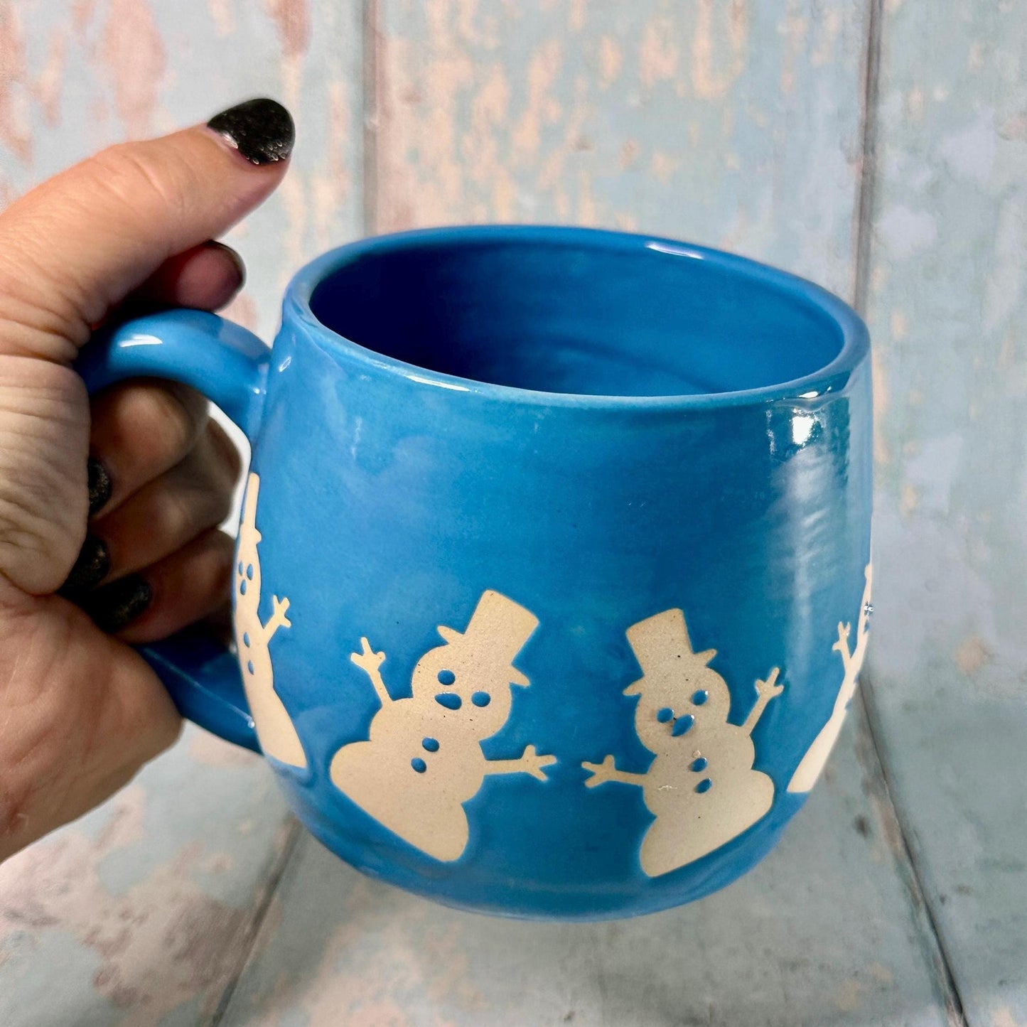 Blue Christmas Snowman Mug, Handmade Ceramic Cup