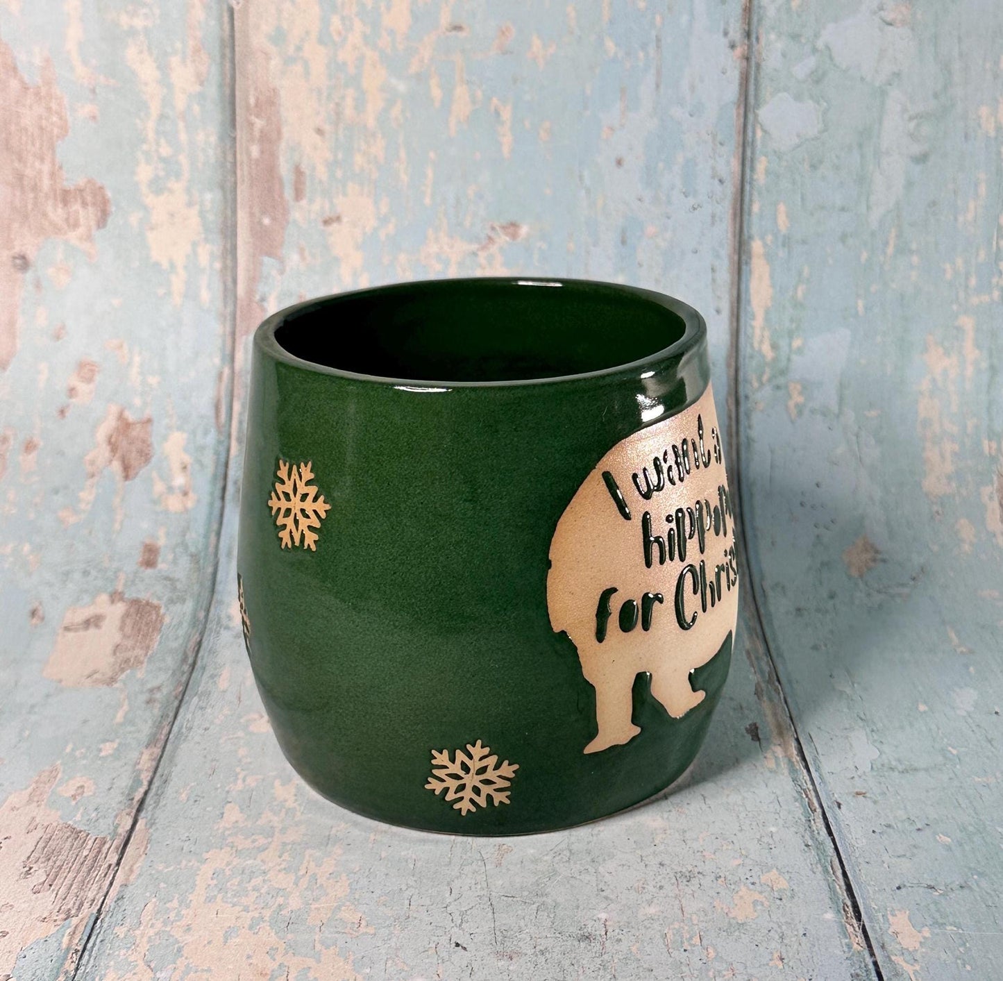 Green Christmas Hippo Mug, Handmade Ceramic Cup