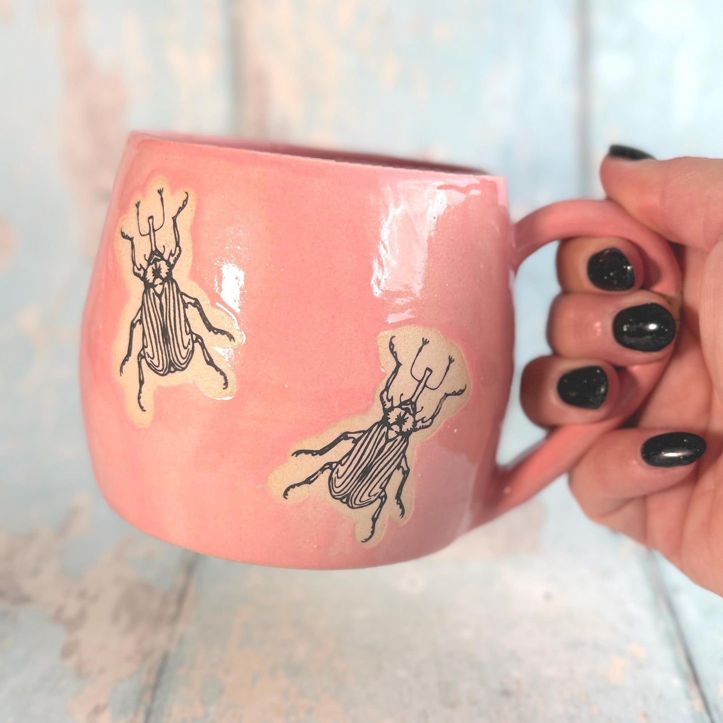 Pink Beetle Mug, Large Ceramic Cup